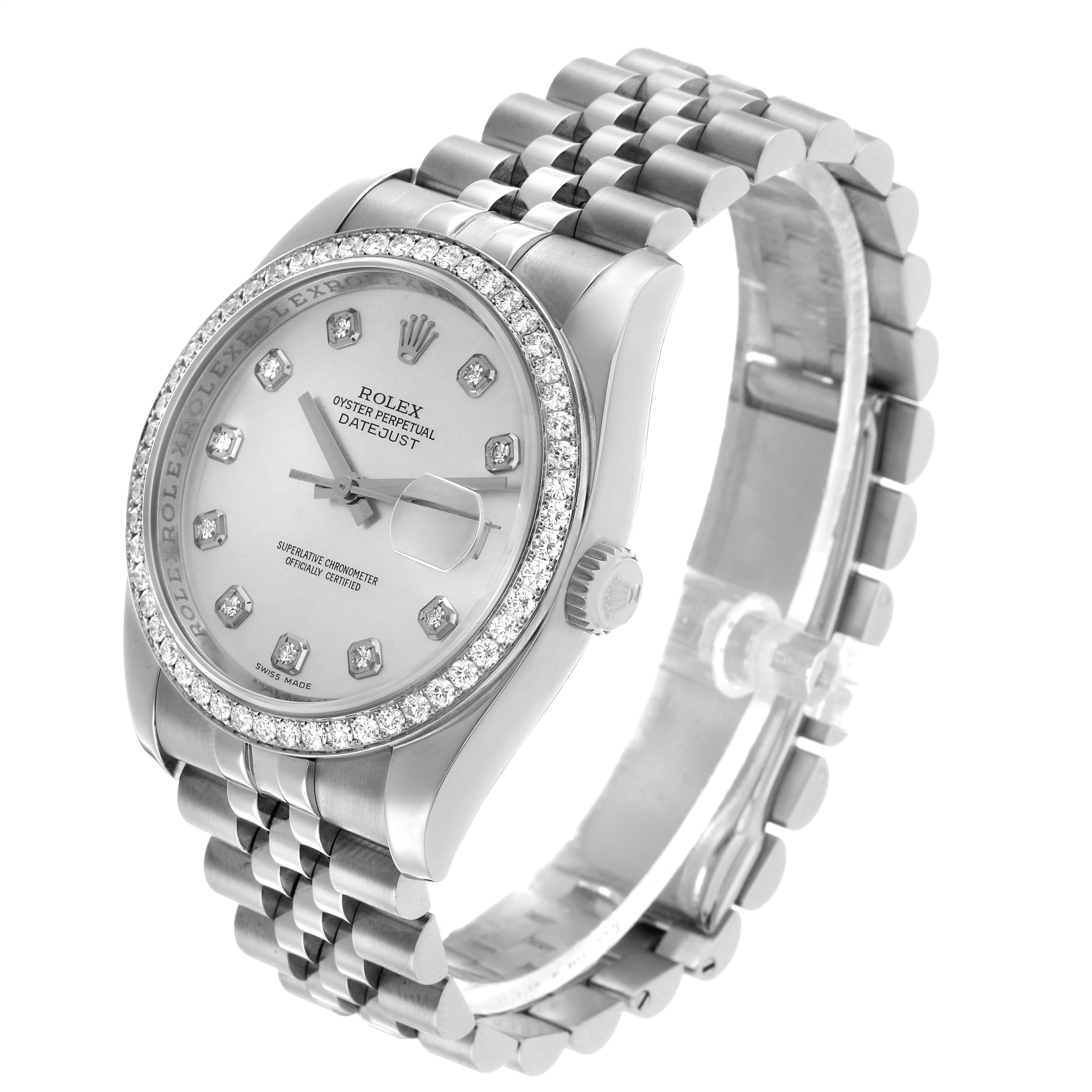 The Rolex Datejust 116244 Men's Stainless Steel Silver Dial watch is shown at a three-quarter angle, displaying the face, bezel, crown, and part of the bracelet.
