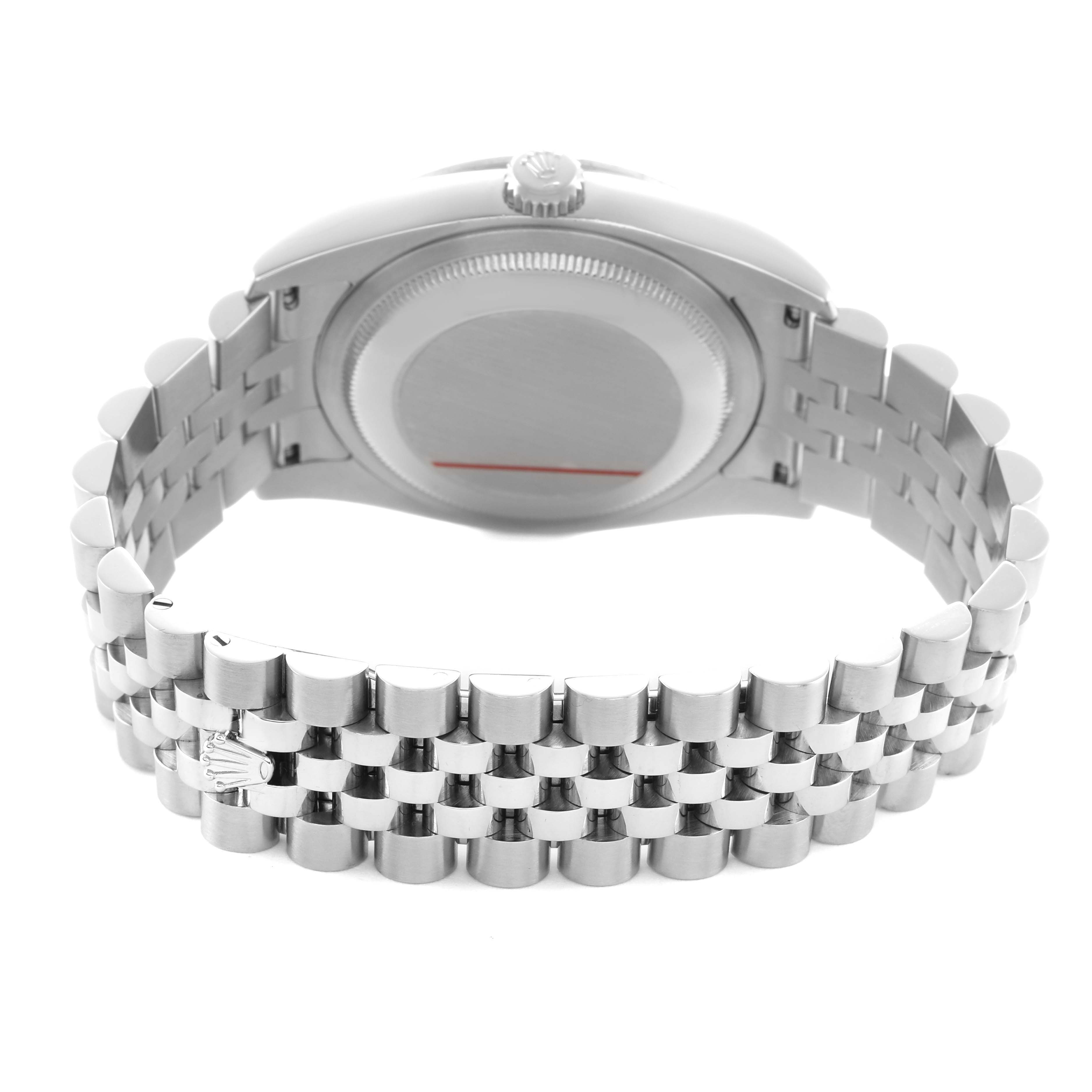 The image shows the back view of a Rolex Datejust 116244 Men's Stainless Steel Silver Dial, highlighting the bracelet and case back.