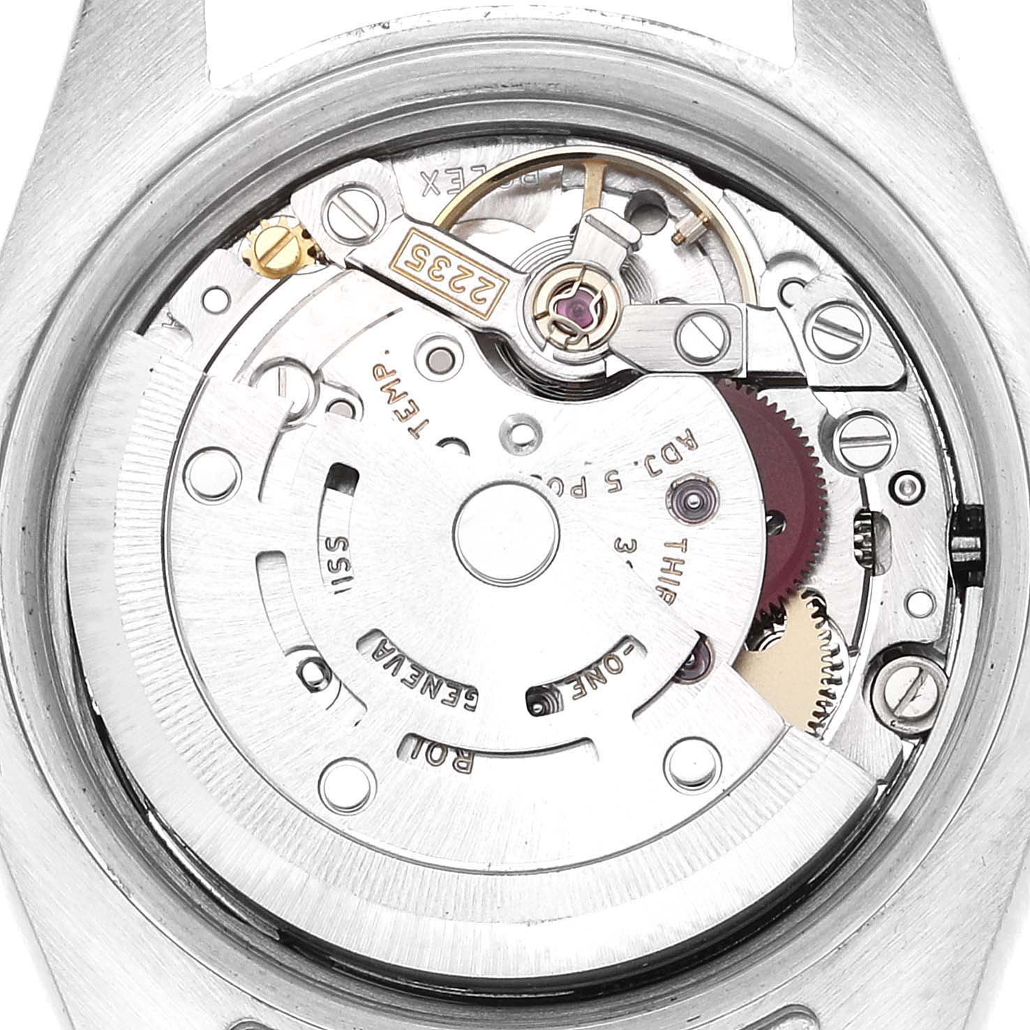 This image shows a close-up view of the movement components of a Rolex Datejust 179174 Women's Stainless Steel Silver Dial 179174 Women's Stainless Steel Silver Dial watch from the back.