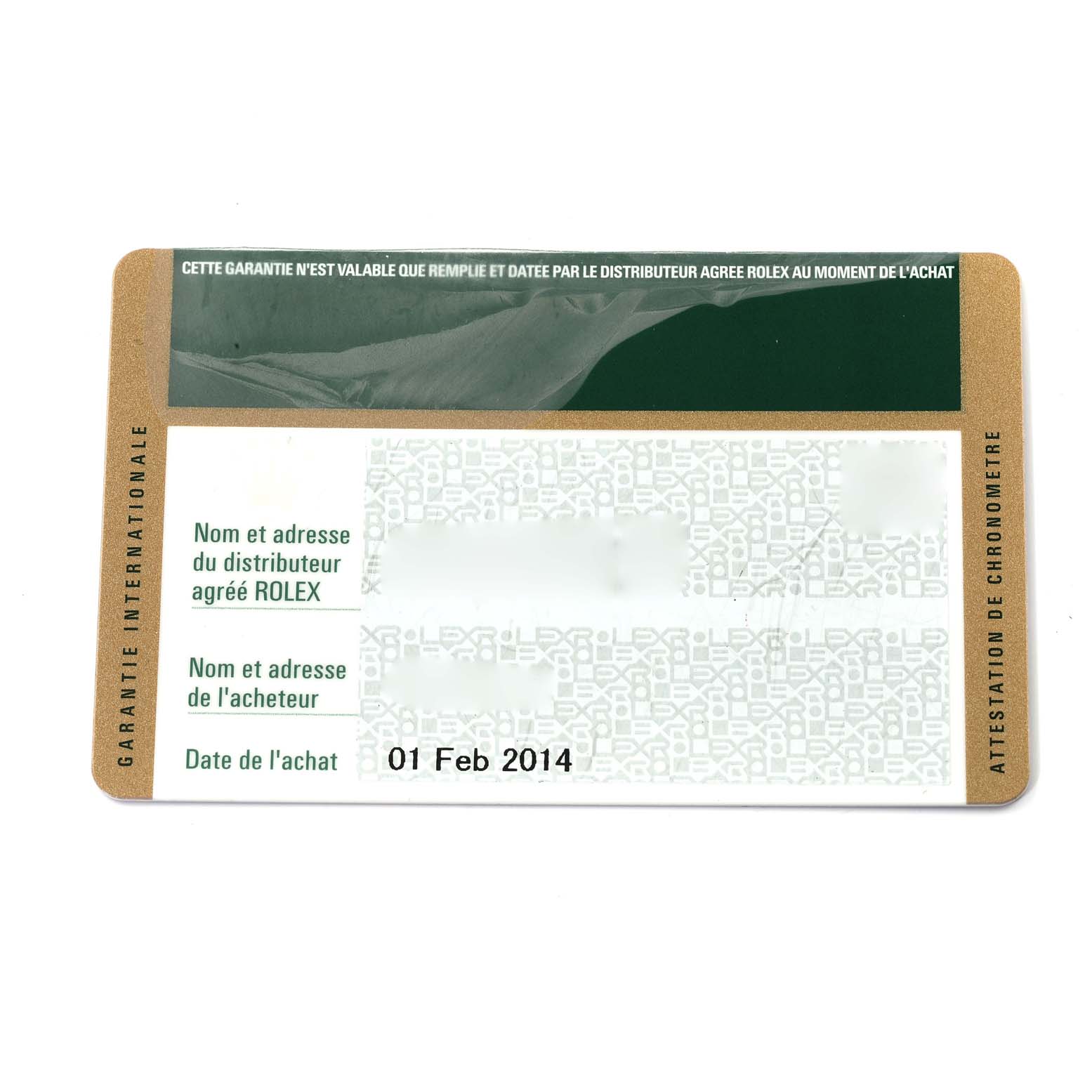 This image shows a Warranty card for a Rolex Datejust 179174 Women's Stainless Steel Silver Dial 179174 Women's Stainless Steel Silver Dial model, with purchase details and names blurred out, dated 01 Feb 2014.