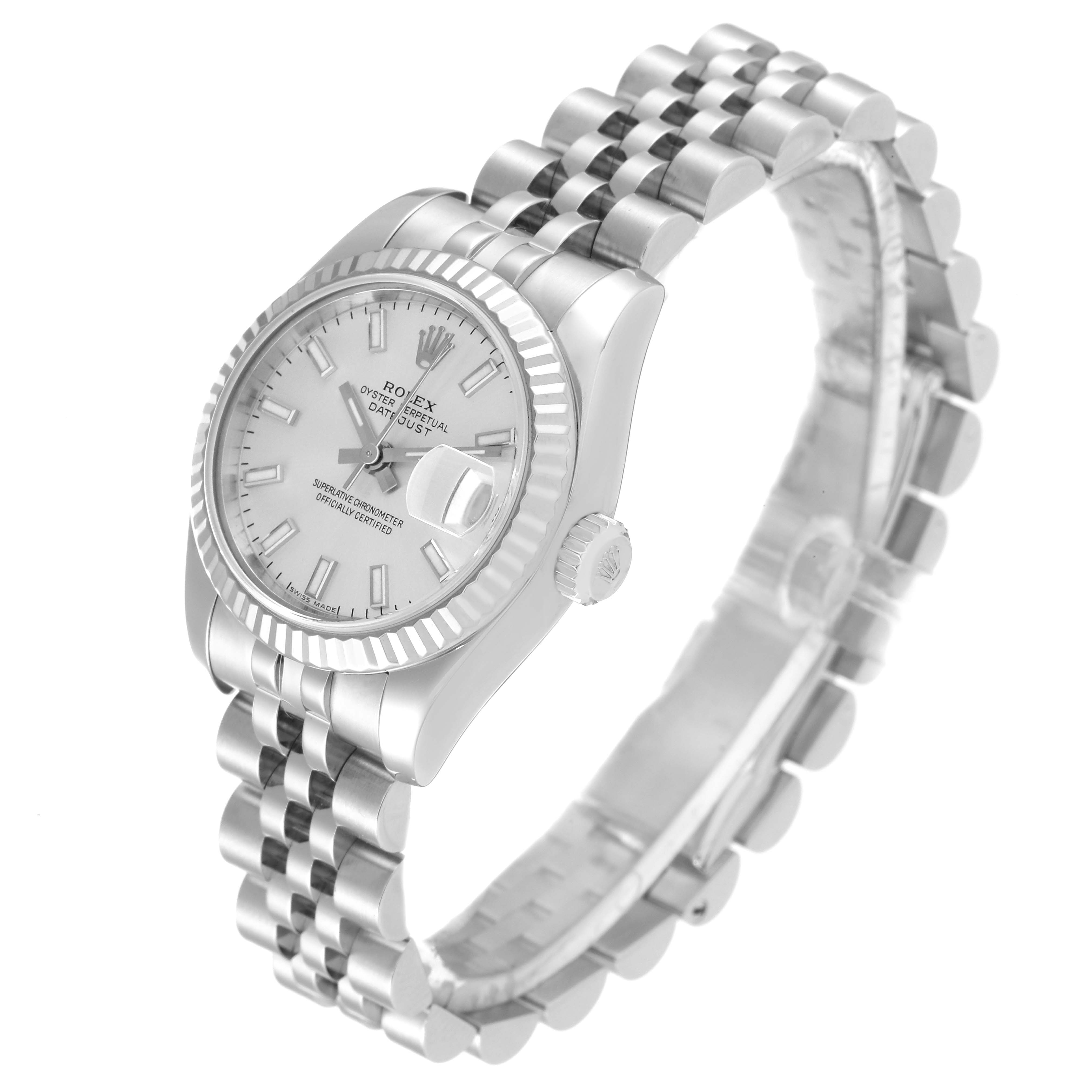 The image shows a Rolex Datejust 179174 Women's Stainless Steel Silver Dial 179174 Women's Stainless Steel Silver Dial watch from a top-side angle displaying the dial, bracelet, and crown.