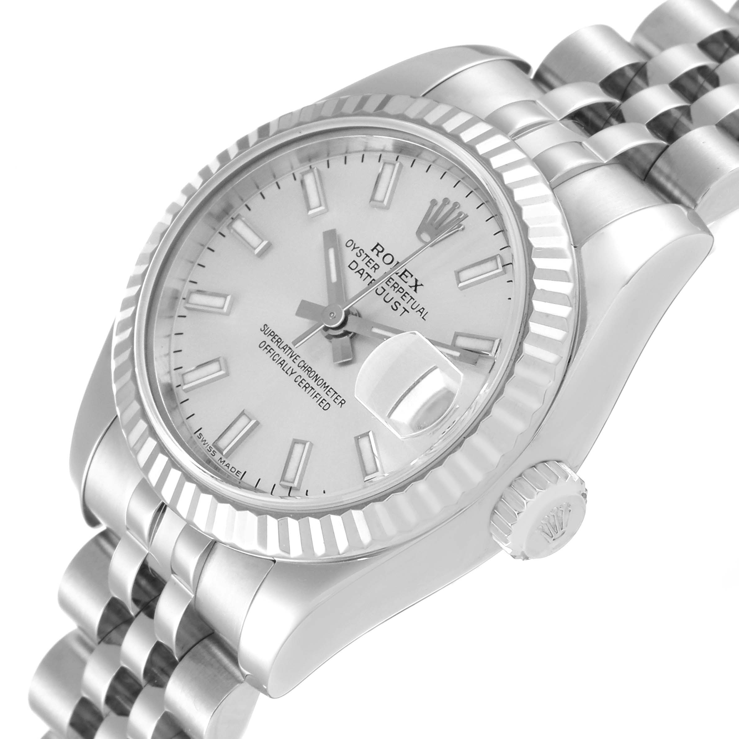 The Rolex Datejust 179174 Women's Stainless Steel Silver Dial 179174 Women's Stainless Steel Silver Dial watch is shown from an angled top view, highlighting its dial, fluted bezel, and part of the bracelet.