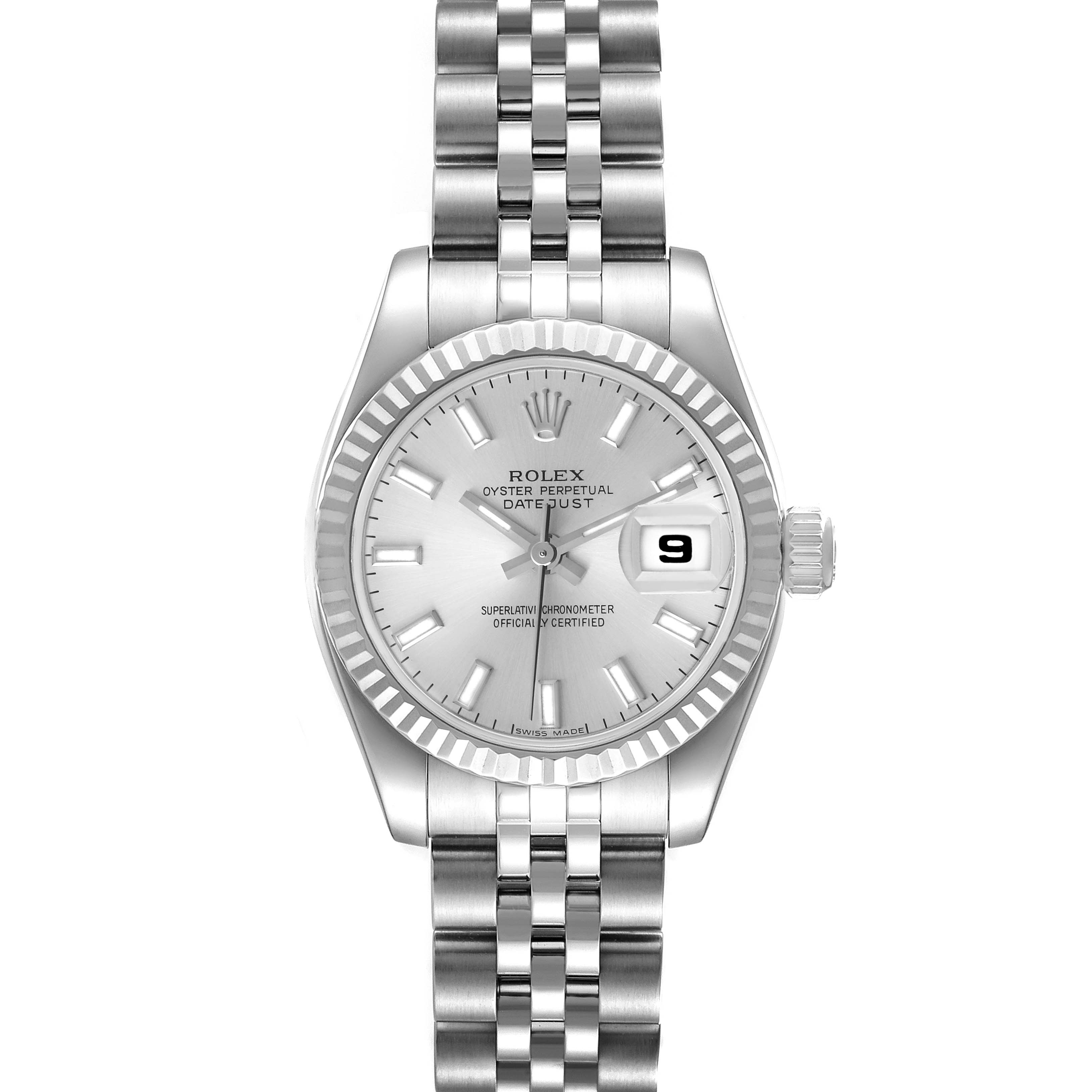 This image shows a Rolex Datejust 179174 Women's Stainless Steel Silver Dial 179174 Women's Stainless Steel Silver Dial watch from a front angle, displaying the face, bezel, and Jubilee bracelet.