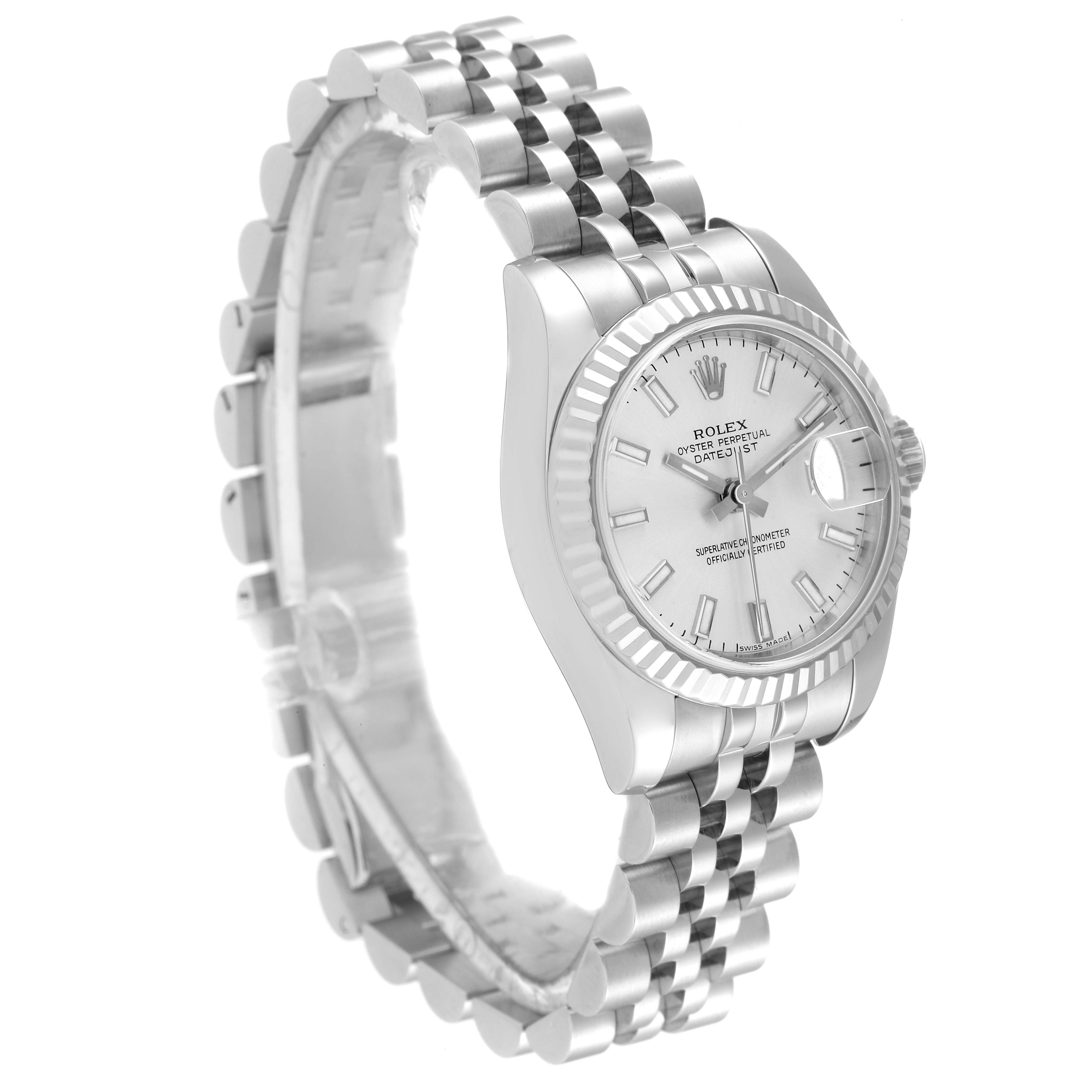 The Rolex Datejust 179174 Women's Stainless Steel Silver Dial 179174 Women's Stainless Steel Silver Dial watch is shown at a three-quarter angle displaying its face, bezel, and bracelet.