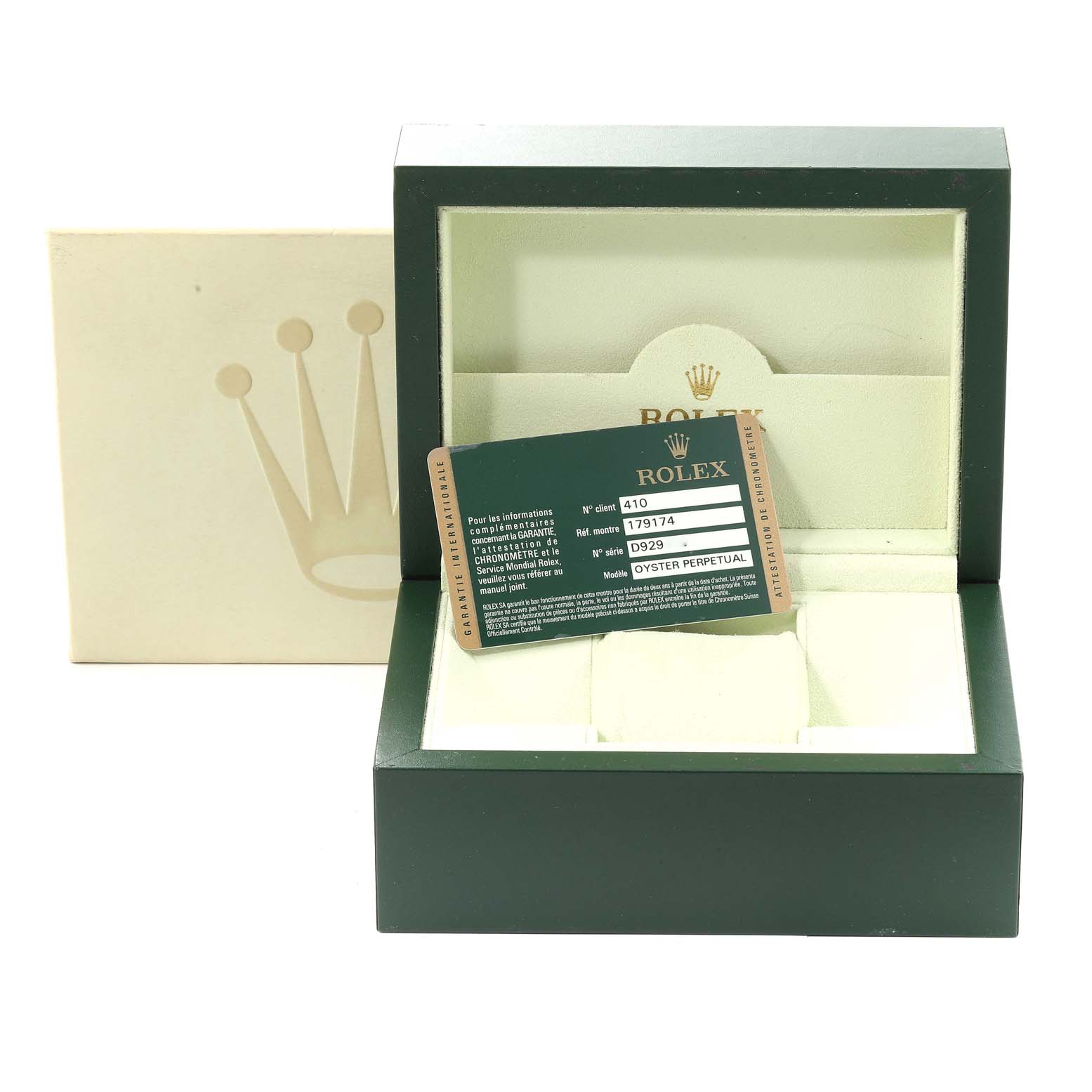 The image shows a Rolex Datejust 179174 Women's Stainless Steel Silver Dial 179174 Women's Stainless Steel Silver Dial watch box and authentication card inside the open watch box.