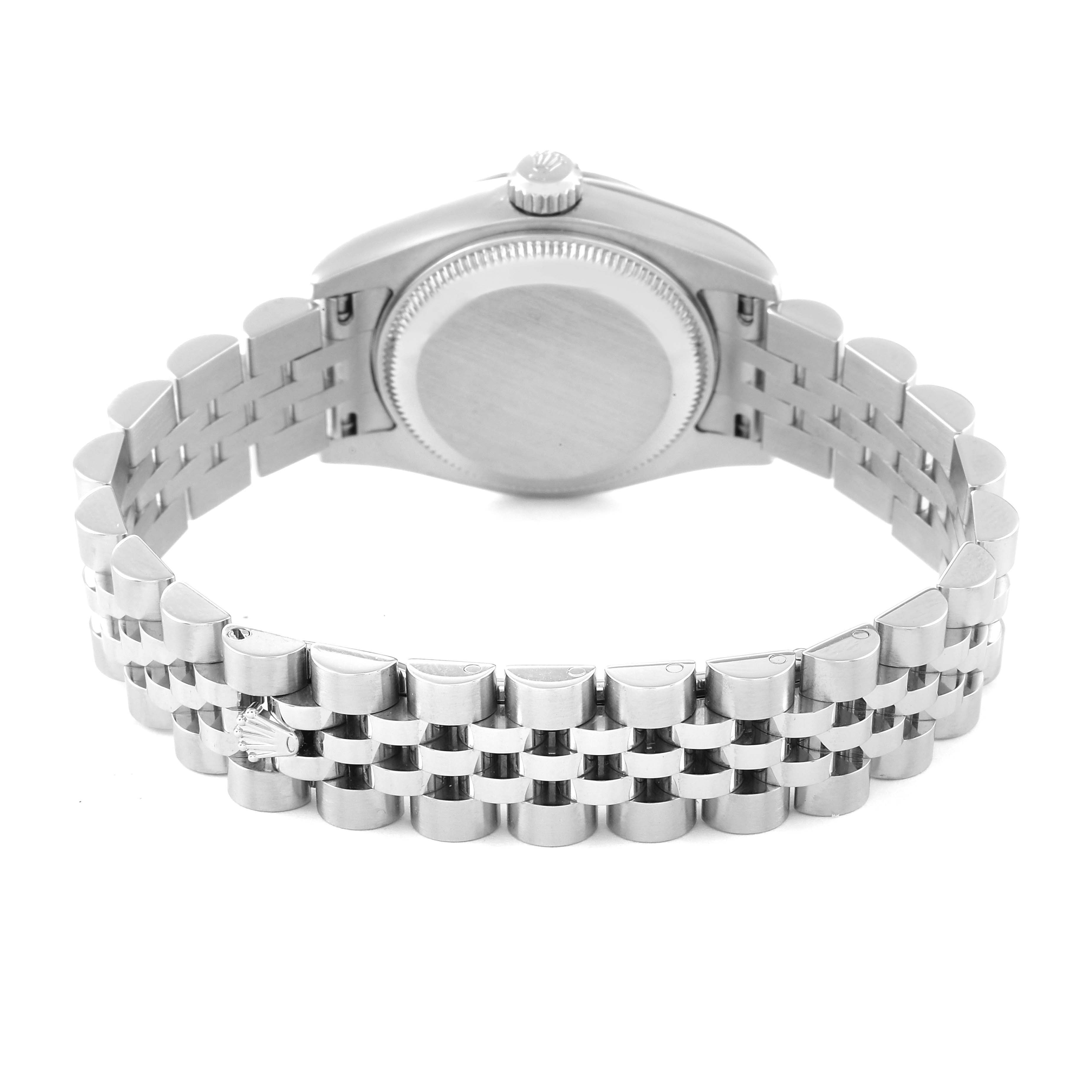 This image shows the back view of a Rolex Datejust 179174 Women's Stainless Steel Silver Dial 179174 Women's Stainless Steel Silver Dial watch with its Jubilee bracelet and closed case back.