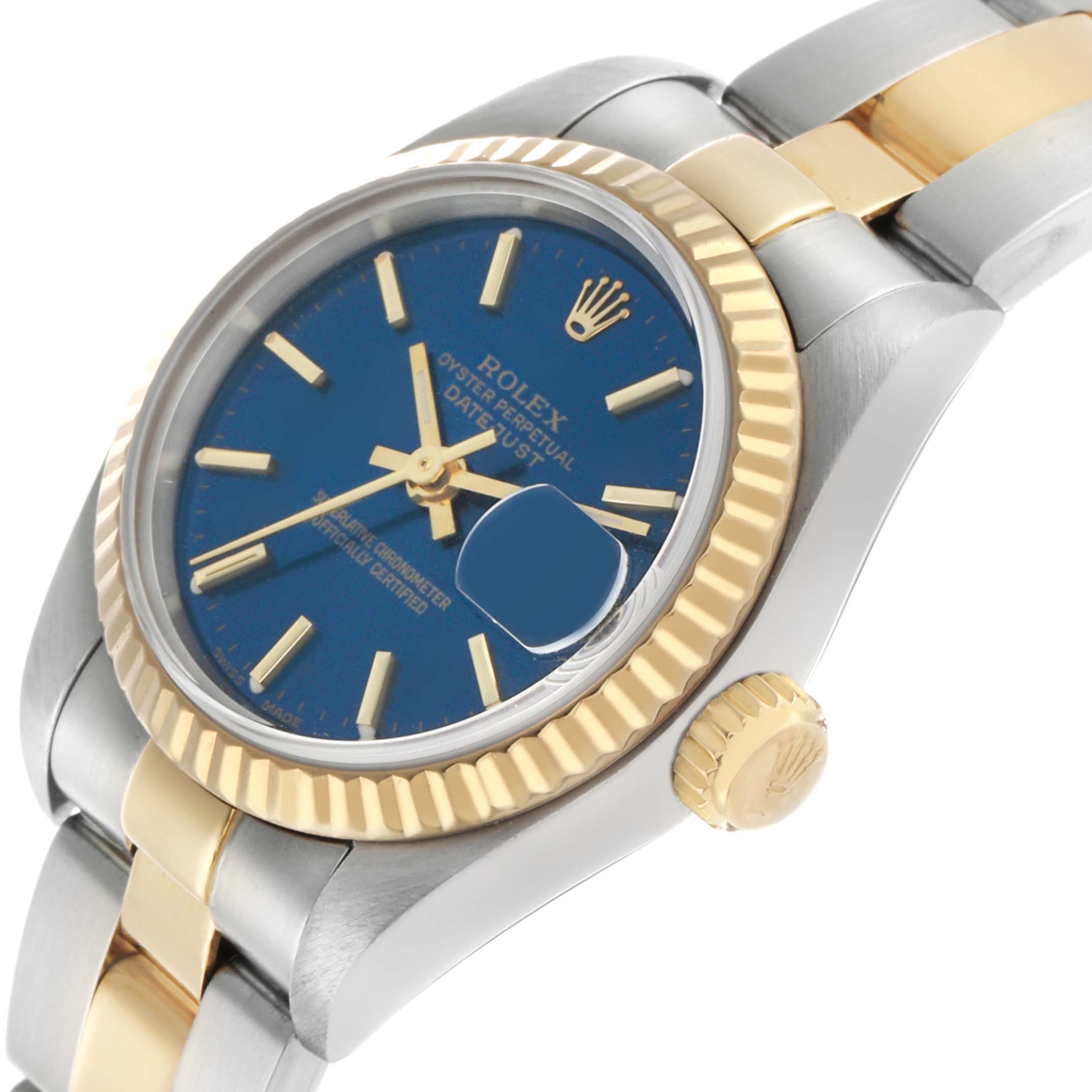 The Rolex Datejust 79173 Women's Steel and Gold (two tone) Blue Dial watch is shown from a three-quarter angle, highlighting the bezel, crown, bracelet, and blue dial.