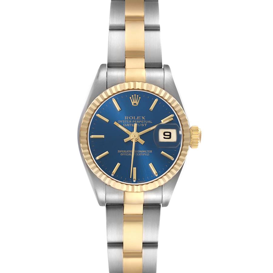 The Rolex Datejust 79173 Women's Steel and Gold (two tone) Blue Dial watch is shown from the front, displaying its blue dial, gold bezel, and two-tone bracelet.