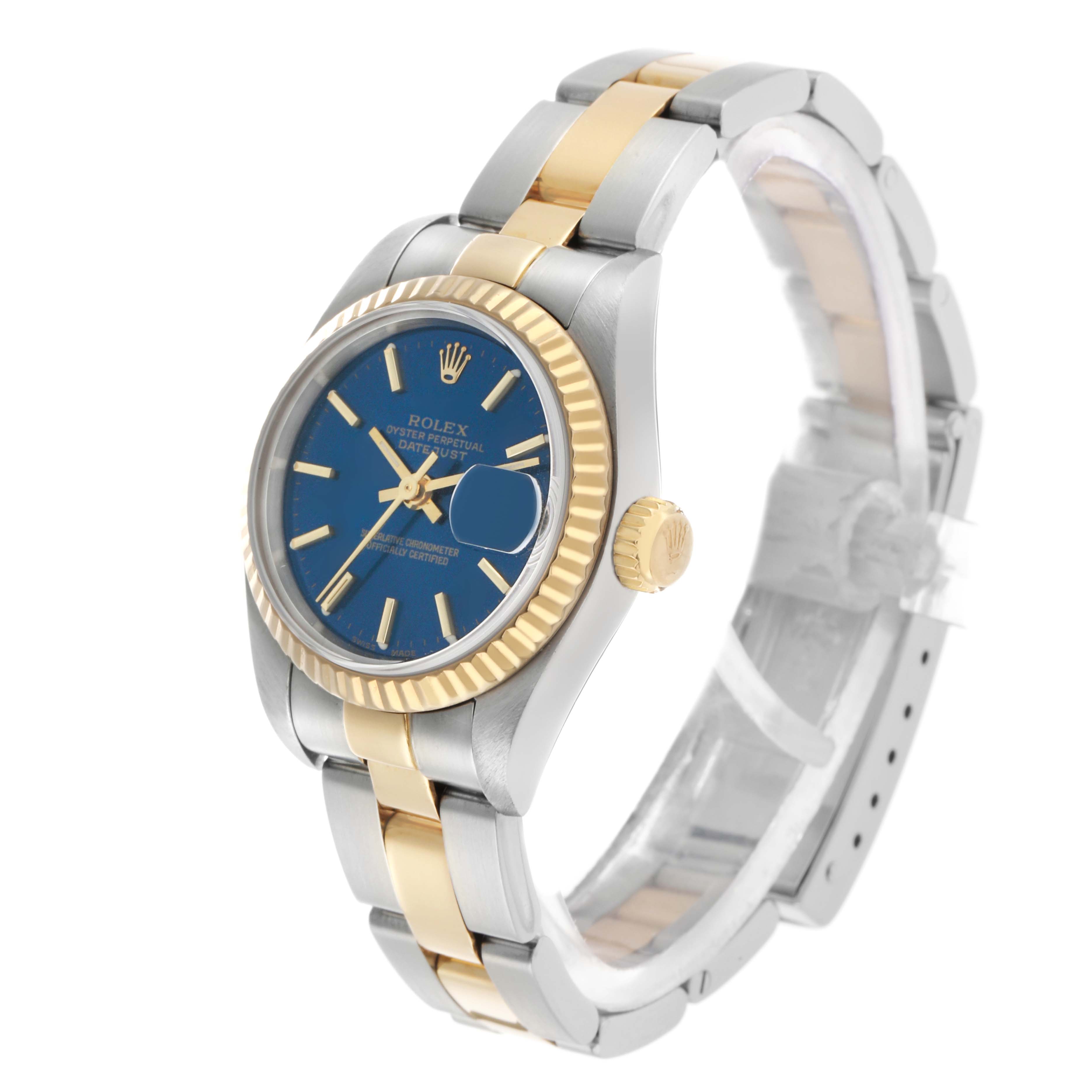 The Rolex Datejust 79173 Women's Steel and Gold (two tone) Blue Dial watch is shown from a front-side angle, highlighting its bezel, bracelet, and crown.