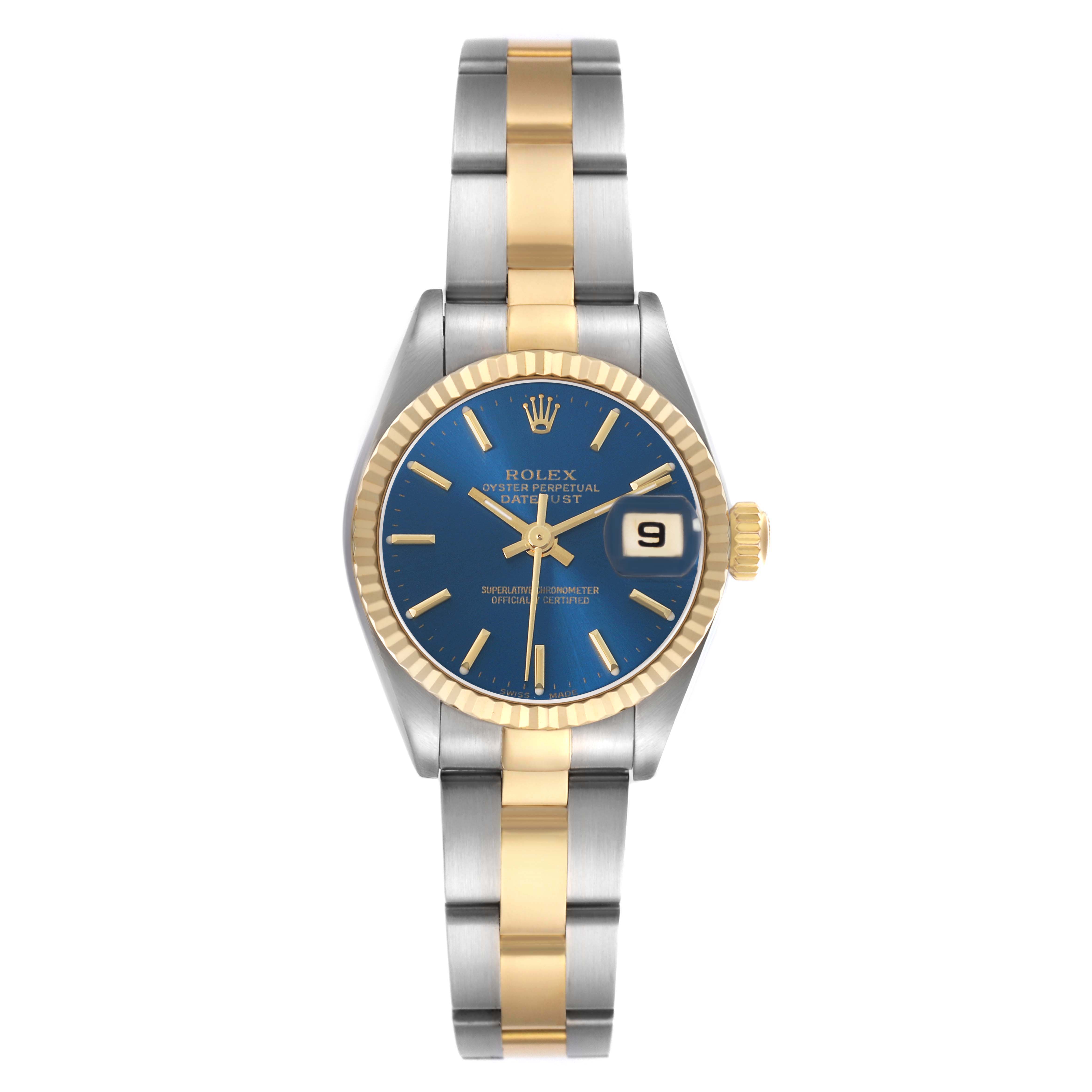 The Rolex Datejust 79173 Women's Steel and Gold (two tone) Blue Dial watch is shown from the front, displaying its blue dial, date window, gold bezel, and two-tone bracelet.