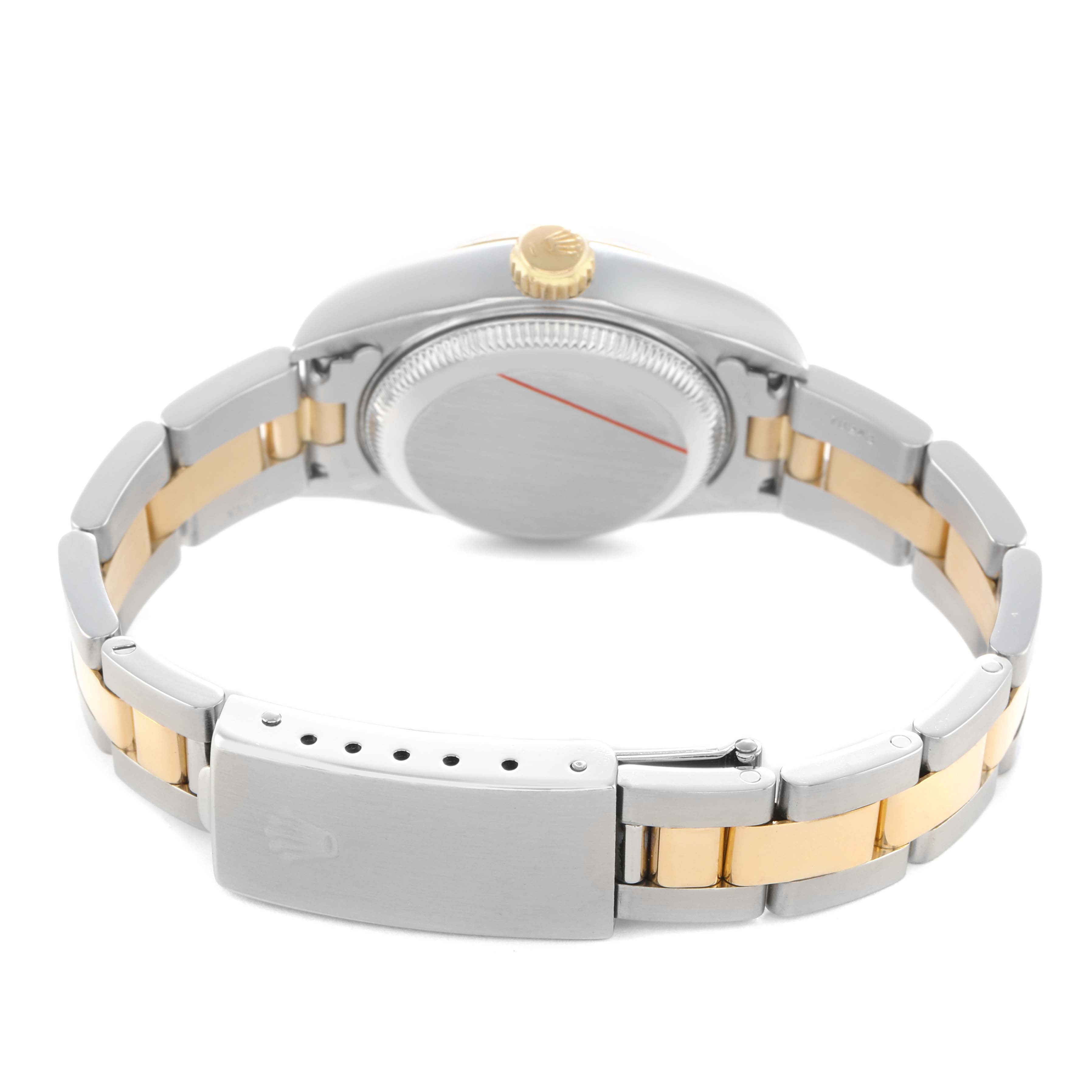 The Rolex Datejust 79173 Women's Steel and Gold (two tone) Blue Dial is shown from the back, displaying the case, crown, and jubilee bracelet.