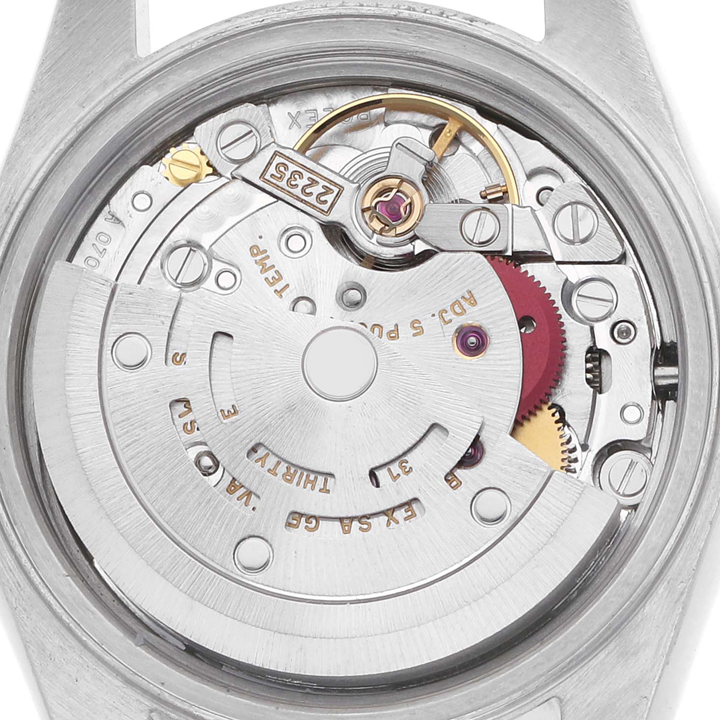 The image shows the movement of a Rolex Datejust 79173 Women's Steel and Gold (two tone) Blue Dial watch from a top-down angle, highlighting its intricate components and rotor.