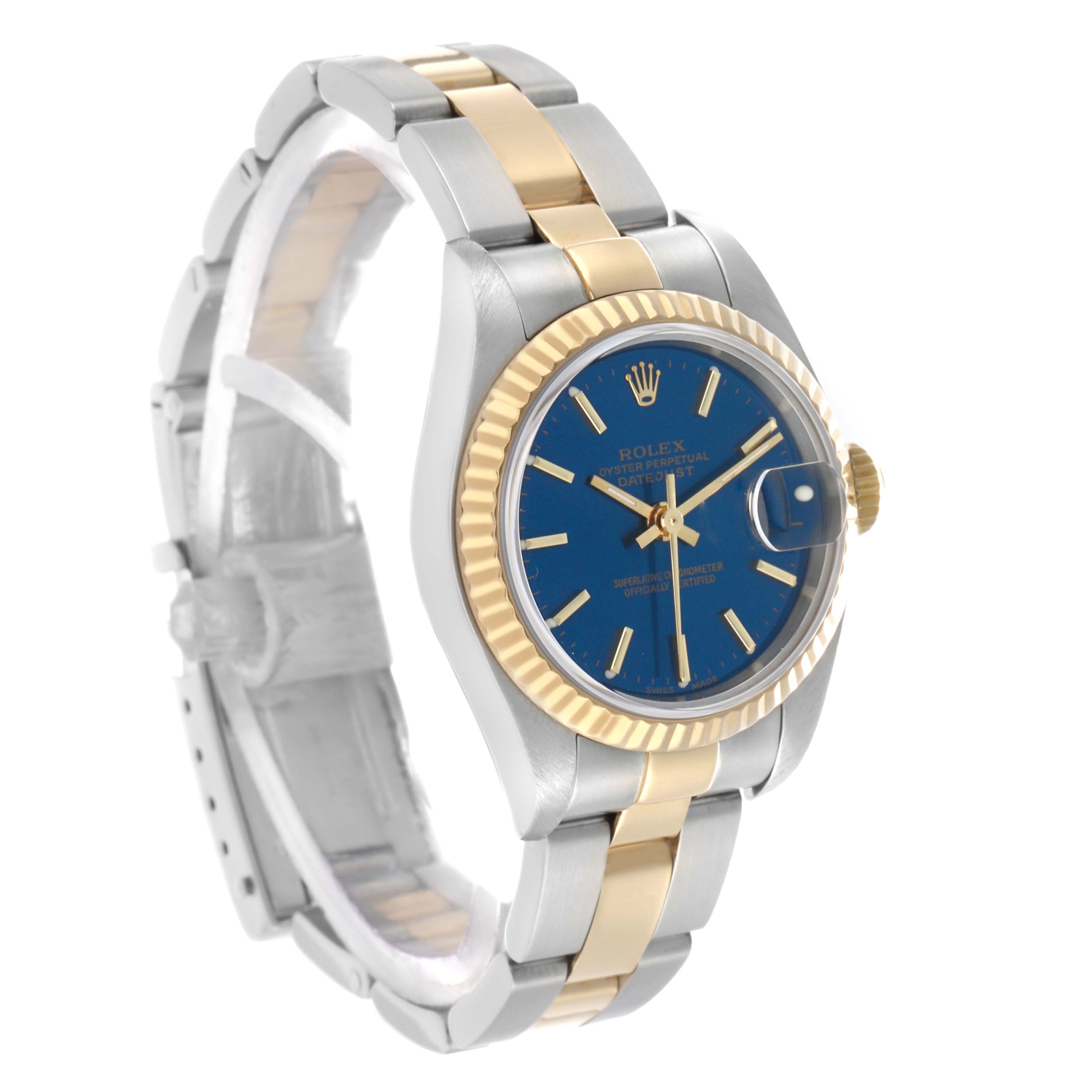 The Rolex Datejust 79173 Women's Steel and Gold (two tone) Blue Dial watch is shown at a three-quarter angle, highlighting the blue dial, fluted bezel, and two-tone bracelet.