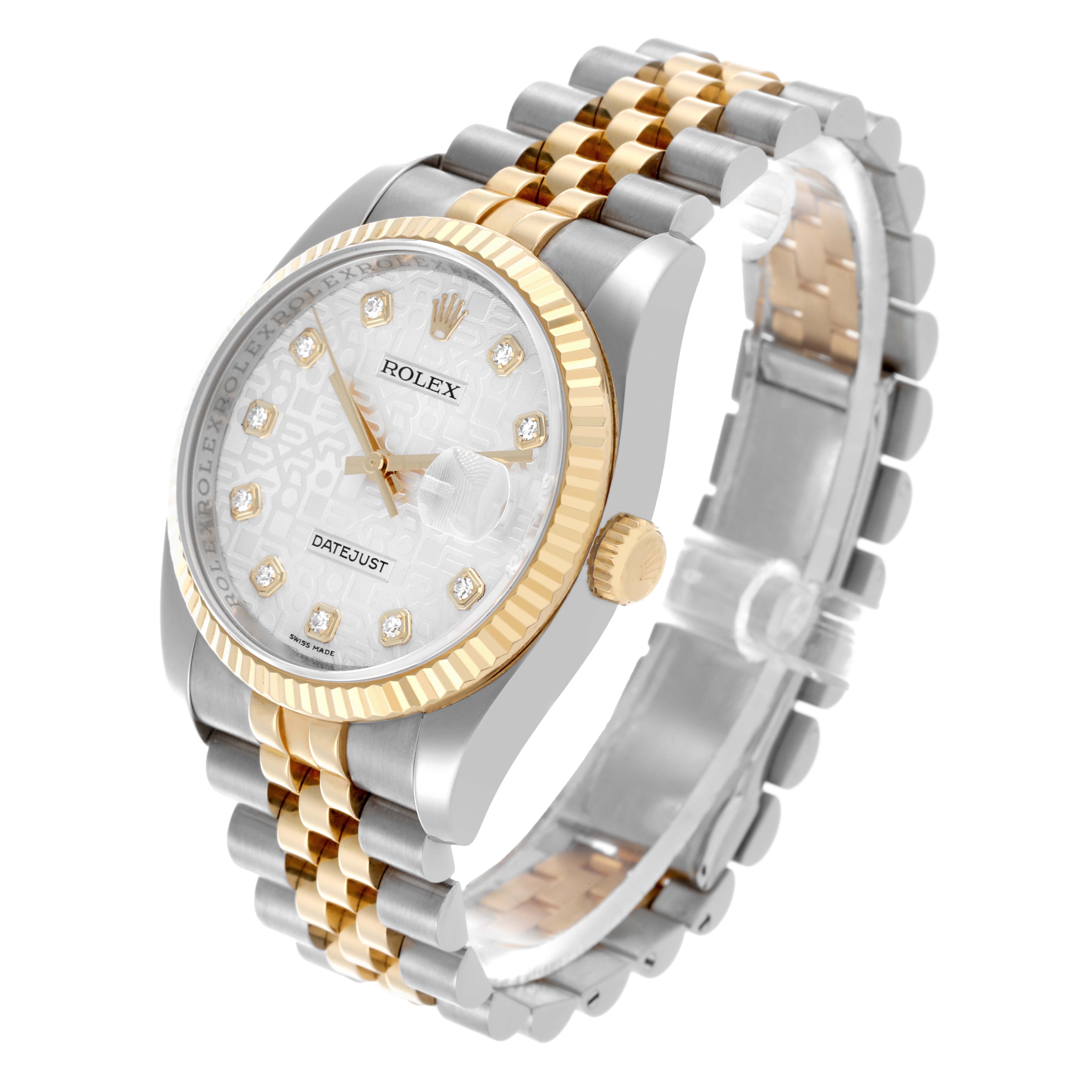 The Rolex Datejust 116233 Men's Steel and Gold (two tone) Silver Dial 116233 Men's Steel and Gold (two tone) Silver Dial watch is shown at an angled side view, displaying the face, bezel, crown, and Jubilee bracelet.