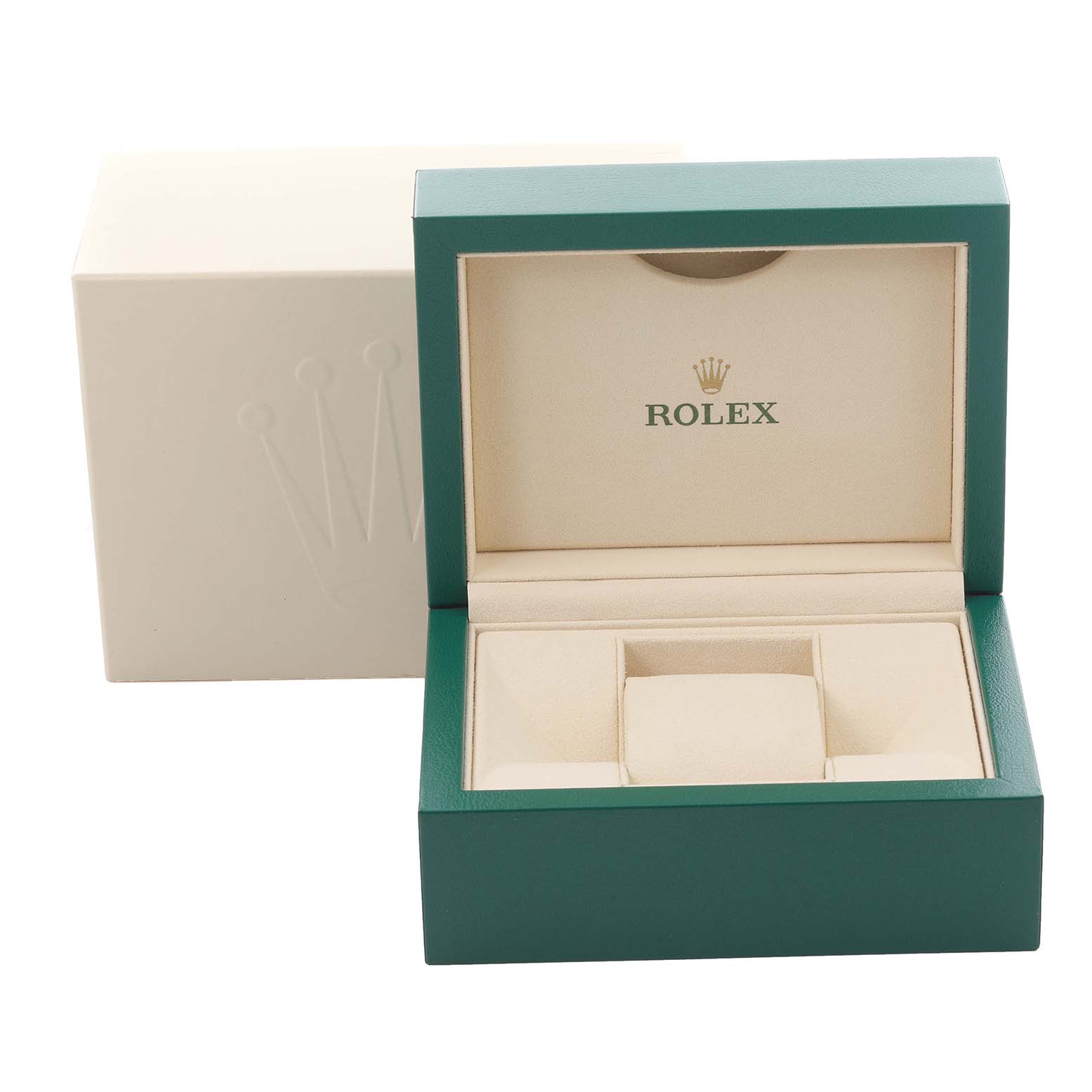 The image shows the open box for a Rolex Datejust 116233 Men's Steel and Gold (two tone) Silver Dial 116233 Men's Steel and Gold (two tone) Silver Dial, displaying its logo and cushion.