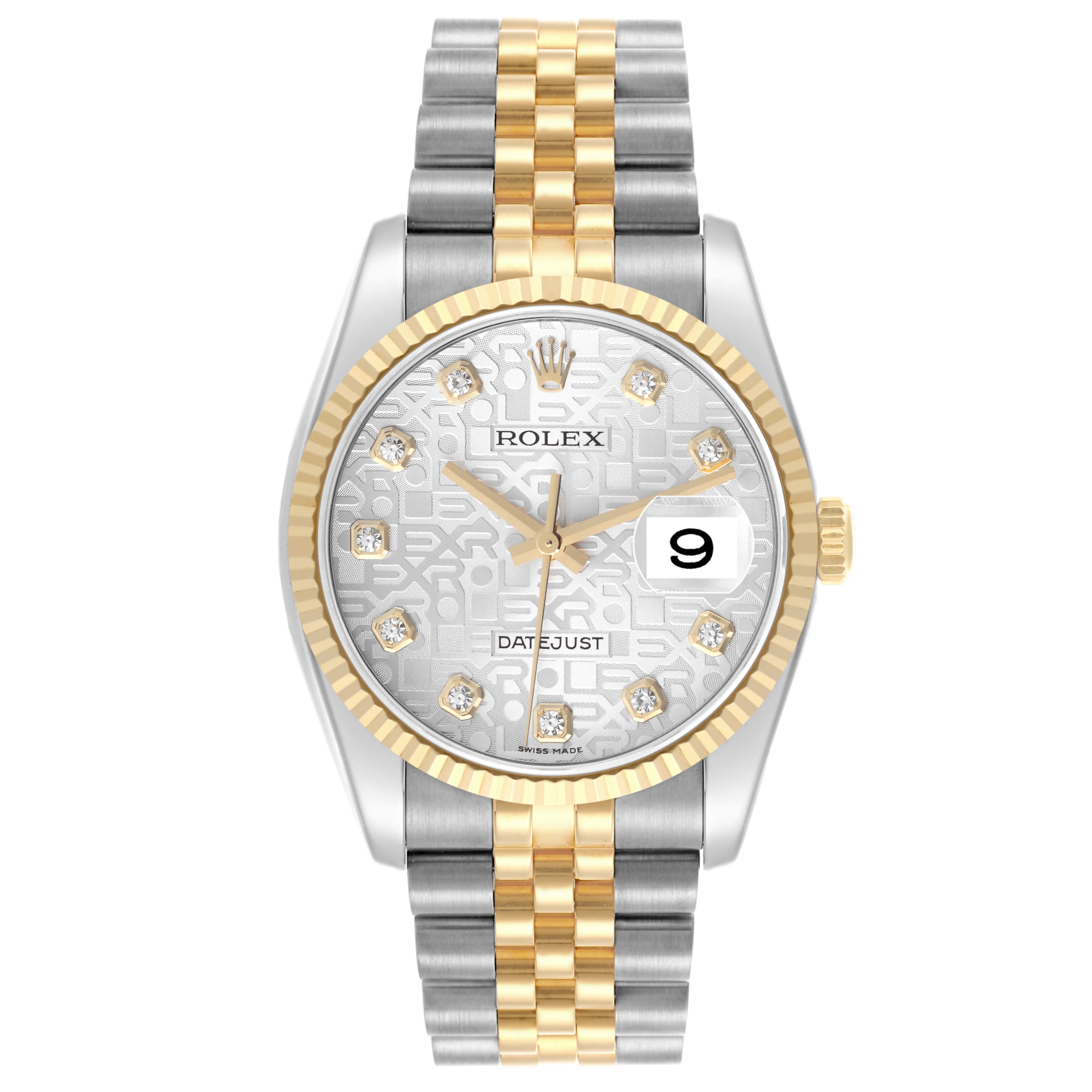 The Rolex Datejust 116233 Men's Steel and Gold (two tone) Silver Dial 116233 Men's Steel and Gold (two tone) Silver Dial watch is shown from the front, highlighting the face, bezel, hands, and bracelet.
