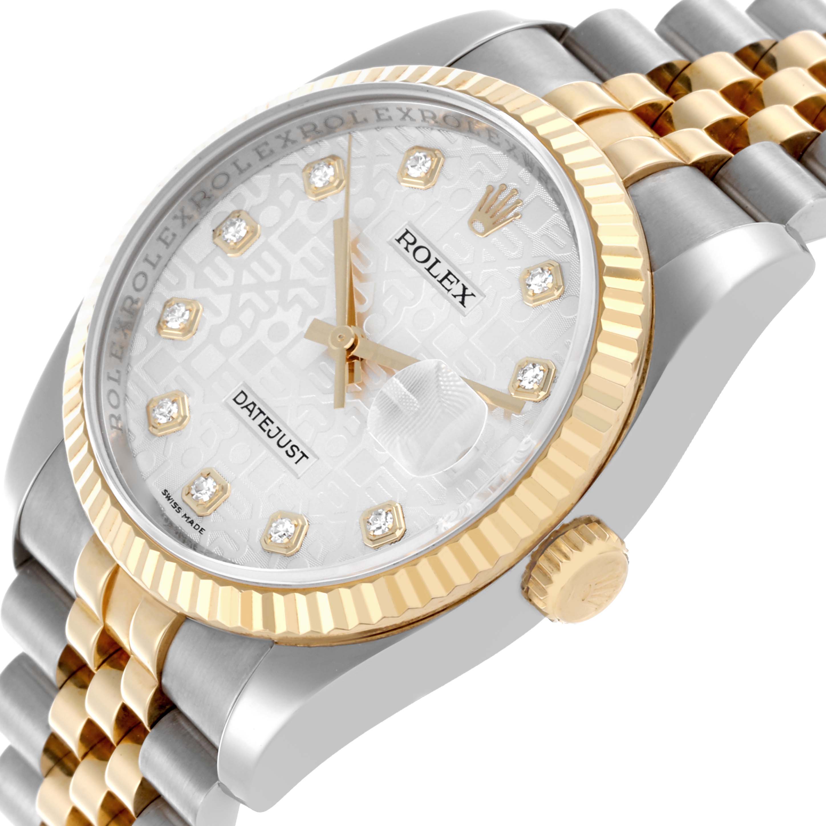 The Rolex Datejust 116233 Men's Steel and Gold (two tone) Silver Dial 116233 Men's Steel and Gold (two tone) Silver Dial watch is shown at an angle highlighting the dial, bezel, and part of the bracelet.