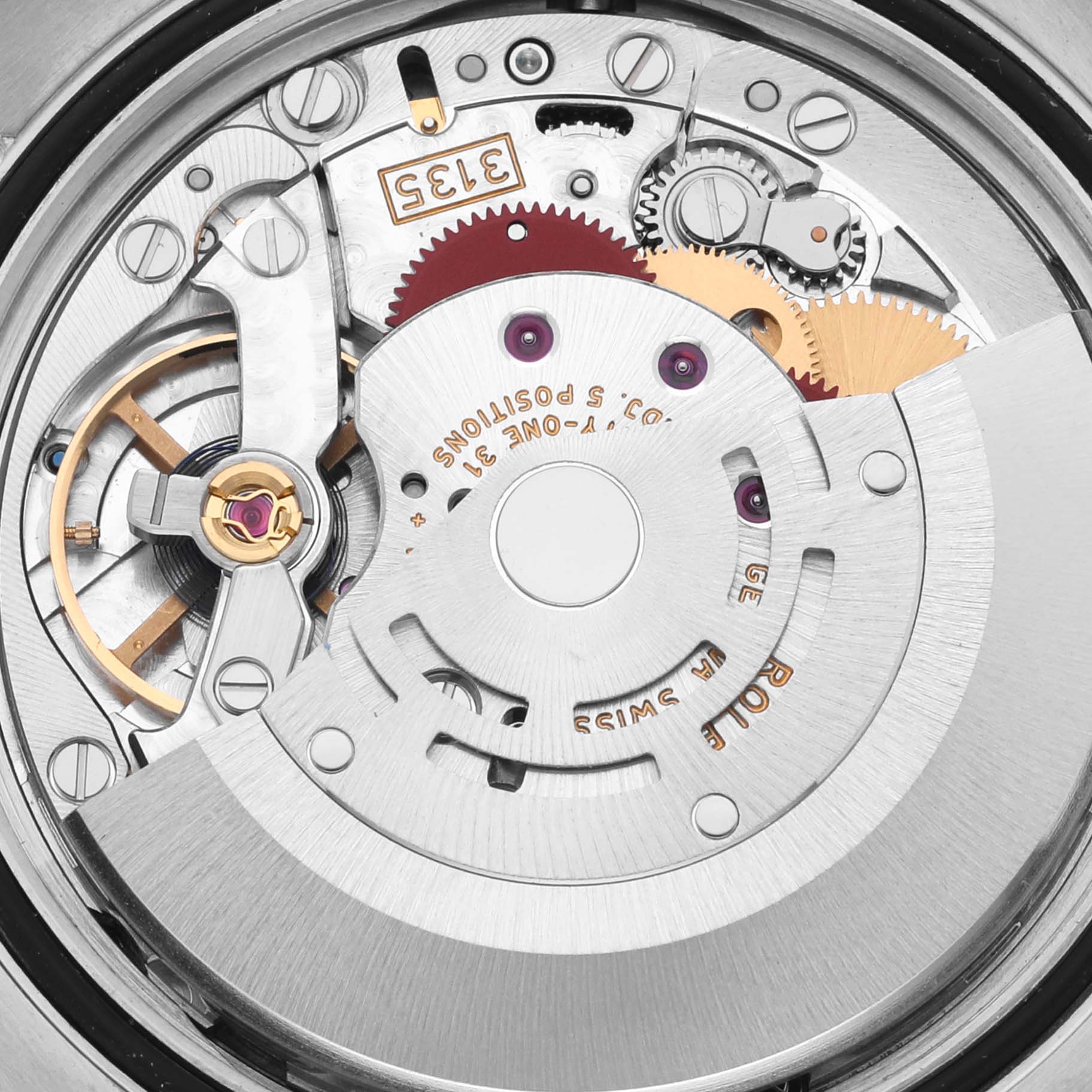 The image shows the movement mechanism of a Rolex Datejust 116233 Men's Steel and Gold (two tone) Silver Dial 116233 Men's Steel and Gold (two tone) Silver Dial watch from a close-up angle.