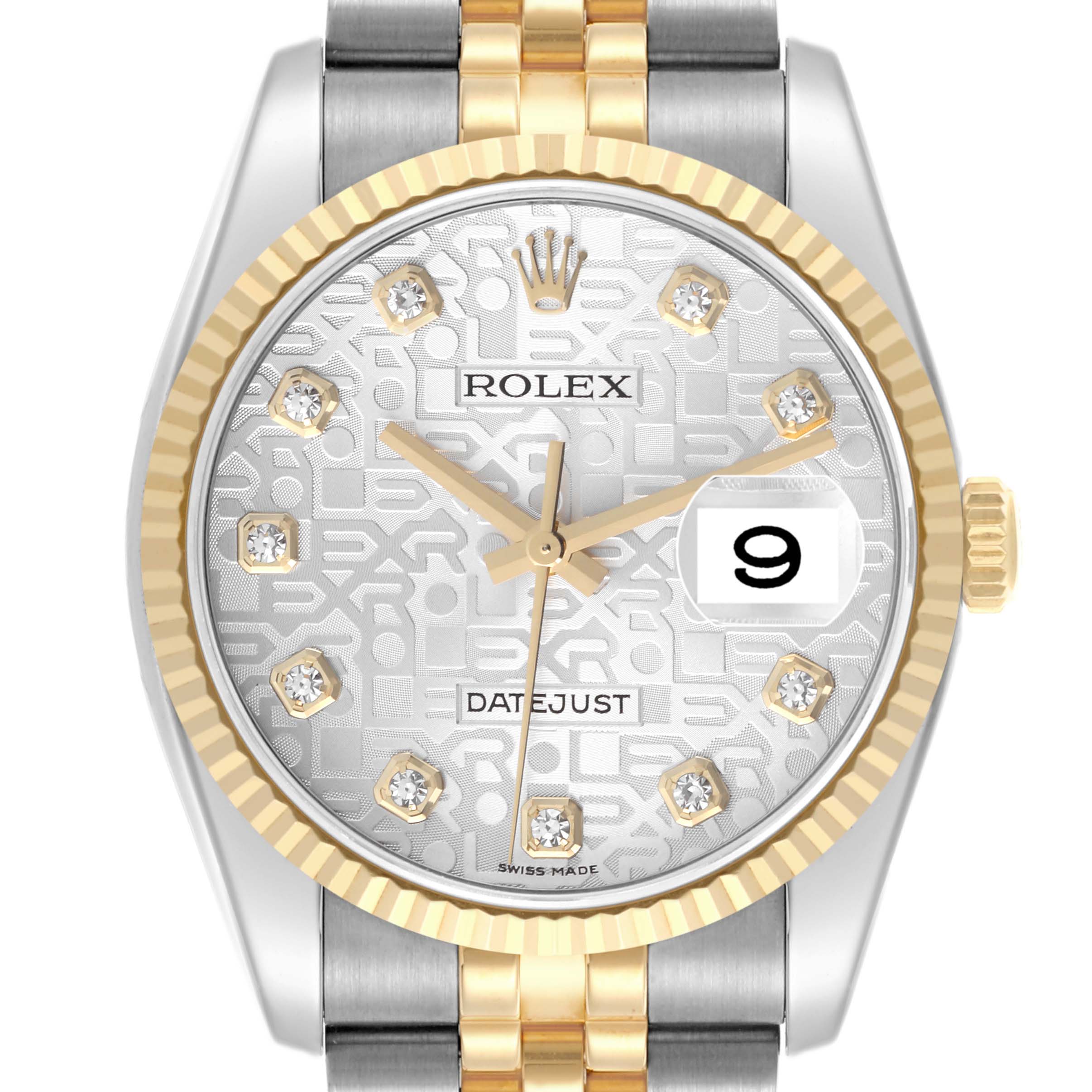 The image shows a Rolex Datejust 116233 Men's Steel and Gold (two tone) Silver Dial 116233 Men's Steel and Gold (two tone) Silver Dial watch from the front, featuring its bezel, dial, hands, crown, and part of the bracelet.