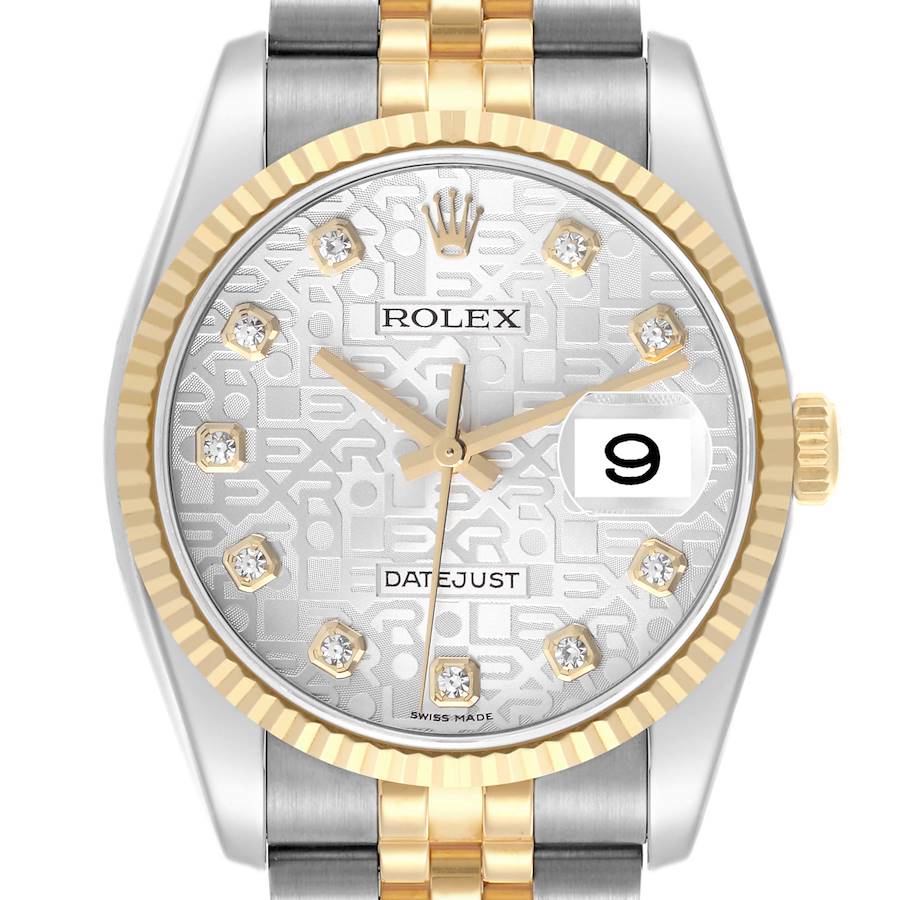 The image shows a Rolex Datejust watch from the front, featuring its bezel, dial, hands, crown, and part of the bracelet.