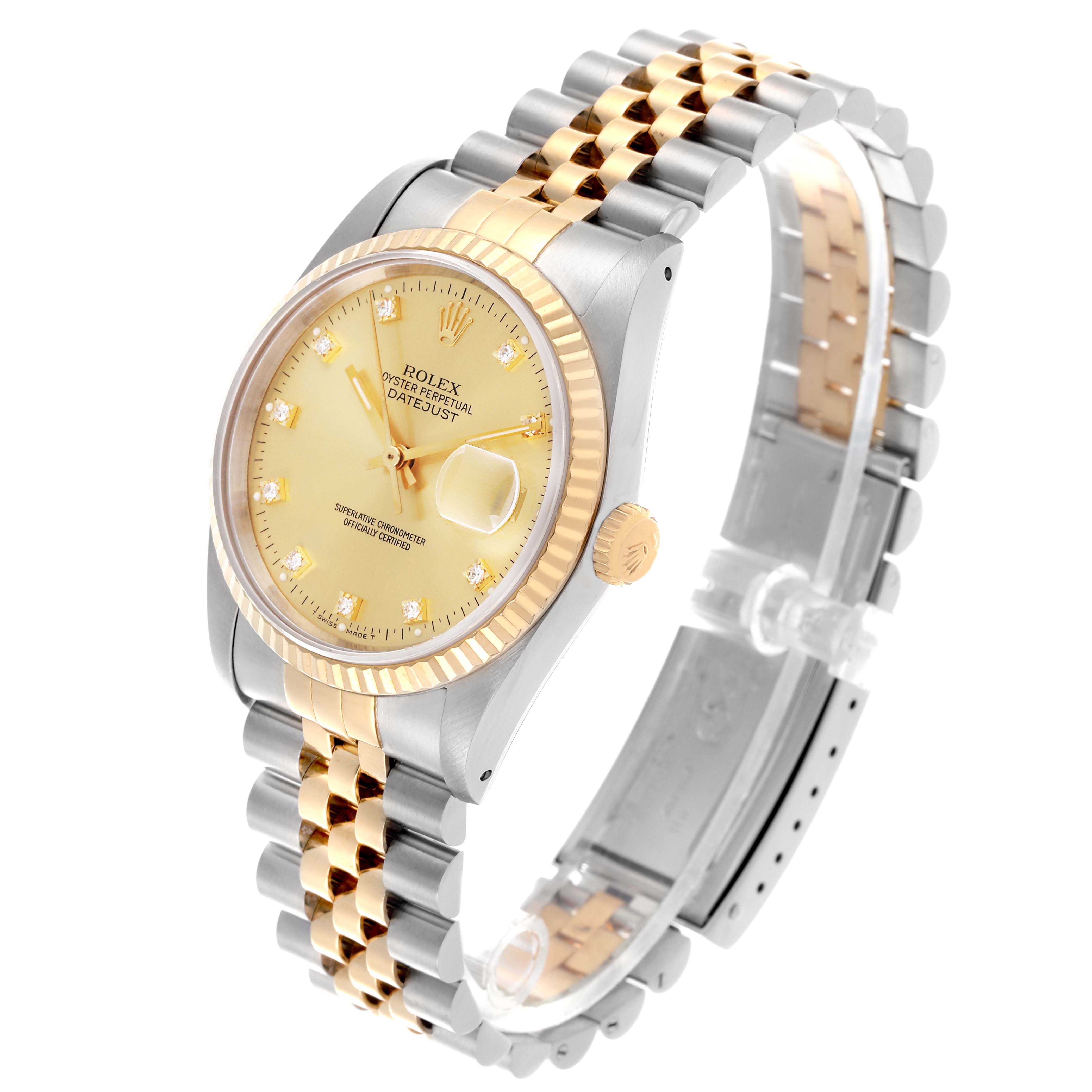 The Rolex Datejust 16233 Men
s Steel and Gold (two tone) Champagne Dial 16233 Men
s Steel and Gold (two tone) Champagne Dial watch is shown at a three-quarter angle highlighting the face, bezel, and bracelet.