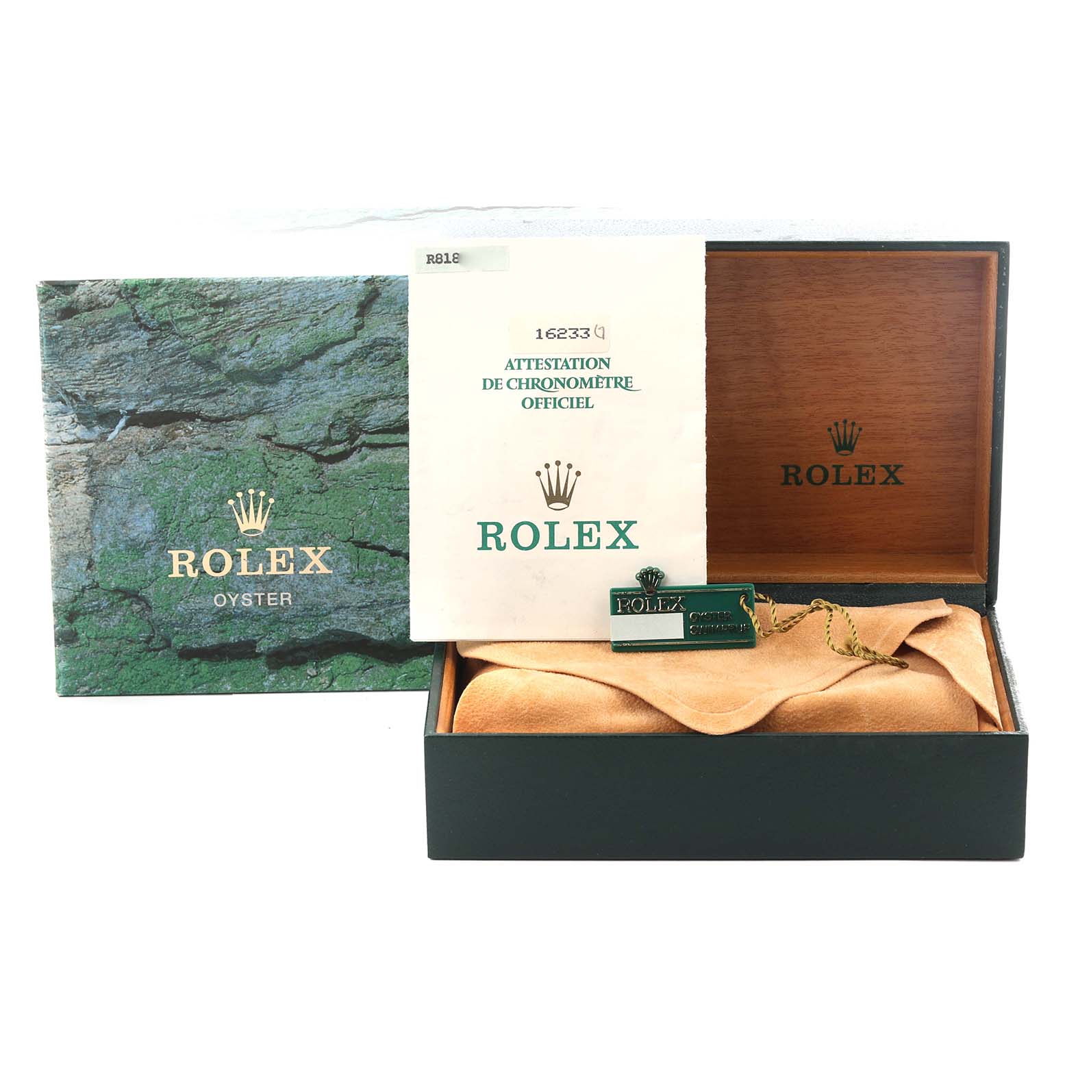 The image shows a Rolex Datejust 16233 Men
s Steel and Gold (two tone) Champagne Dial 16233 Men
s Steel and Gold (two tone) Champagne Dial watch box, papers, and a tag, viewed from the front.
