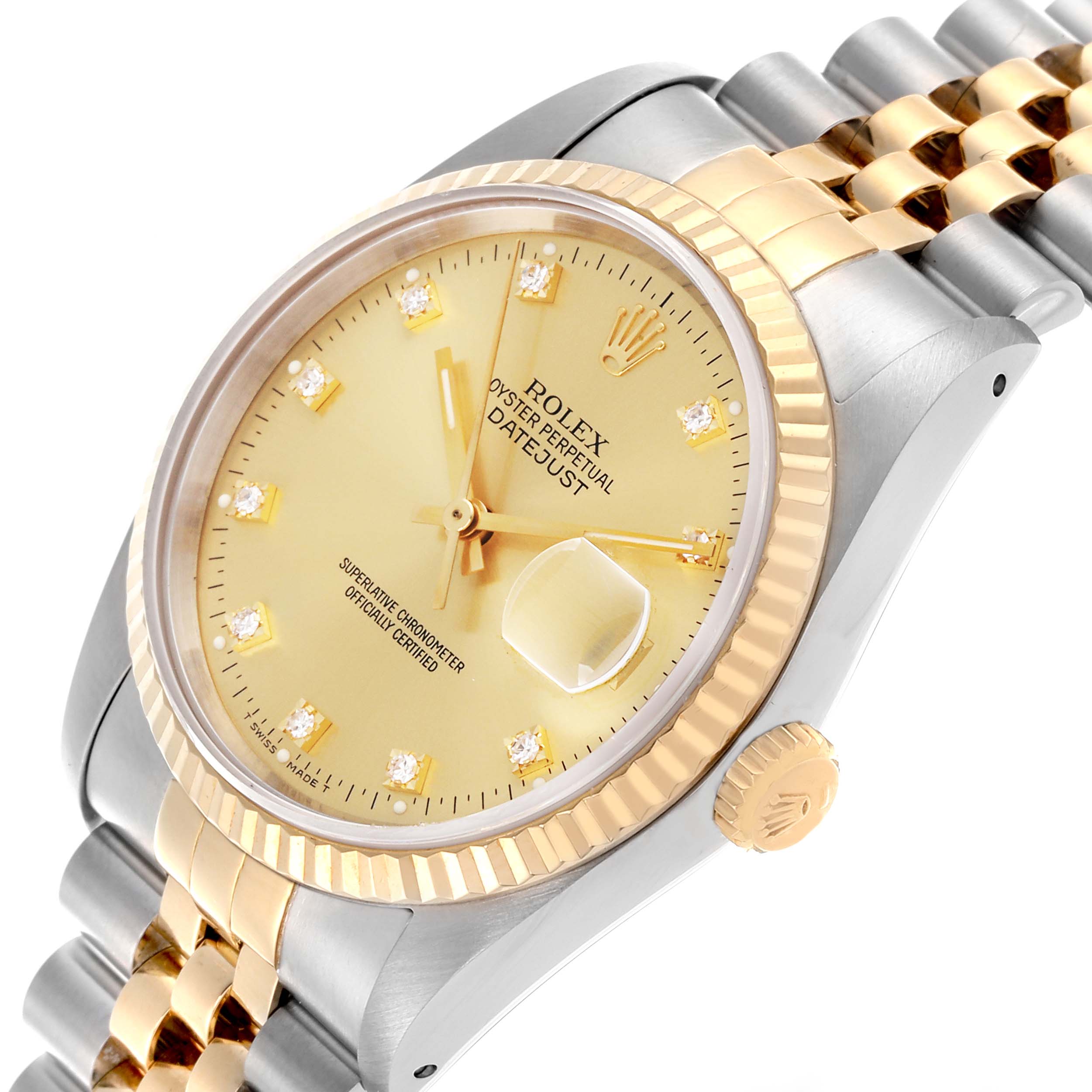 The Rolex Datejust 16233 Men
s Steel and Gold (two tone) Champagne Dial 16233 Men
s Steel and Gold (two tone) Champagne Dial watch is shown from an angled view highlighting the gold bezel, champagne dial, and two-tone Jubilee bracelet.
