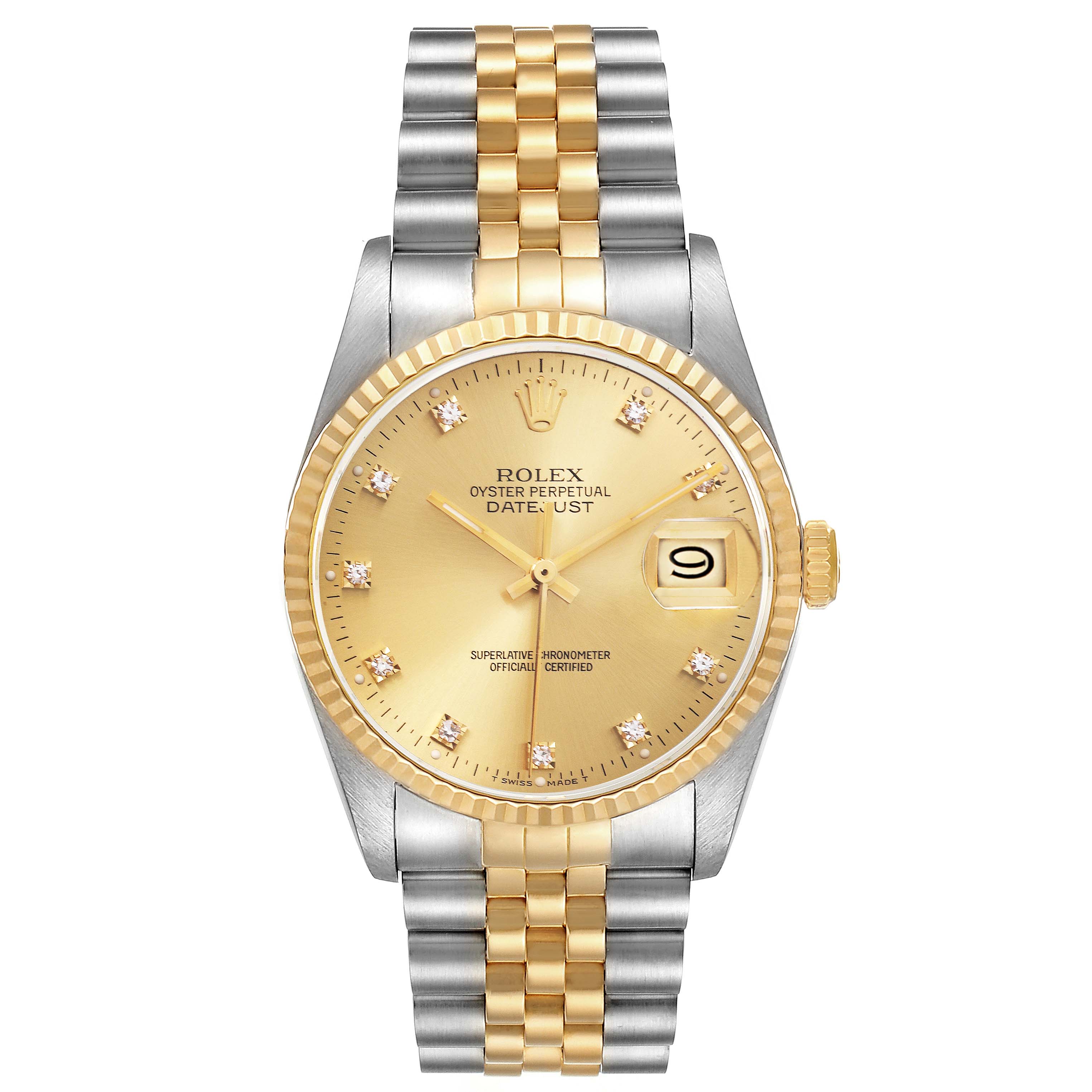 The Rolex Datejust 16233 Men
s Steel and Gold (two tone) Champagne Dial 16233 Men
s Steel and Gold (two tone) Champagne Dial model is shown from the front, displaying the bezel, dial, date window, and two-tone bracelet.