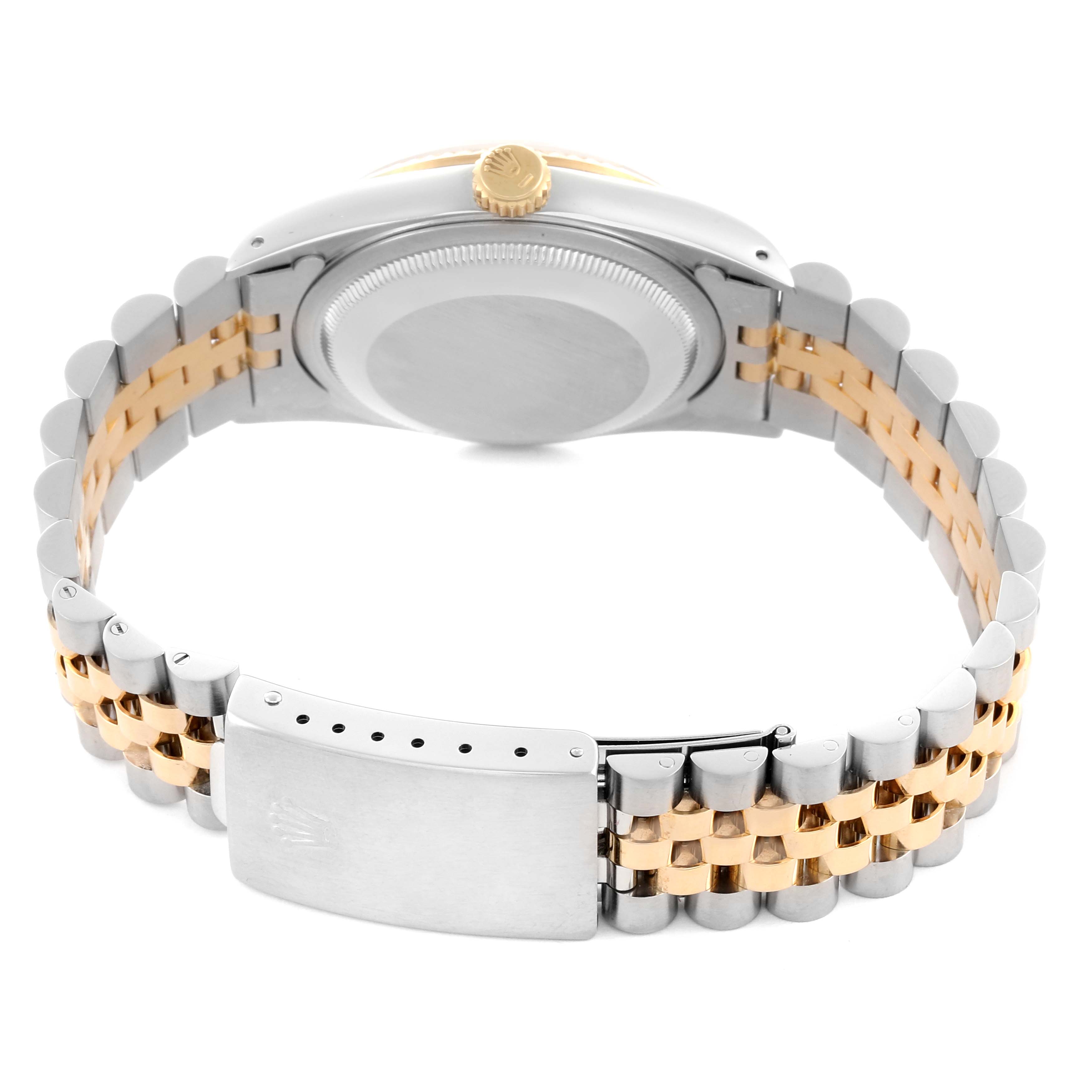 The image shows the back and side angle of a Rolex Datejust 16233 Men
s Steel and Gold (two tone) Champagne Dial 16233 Men
s Steel and Gold (two tone) Champagne Dial watch, highlighting the bracelet and clasp.