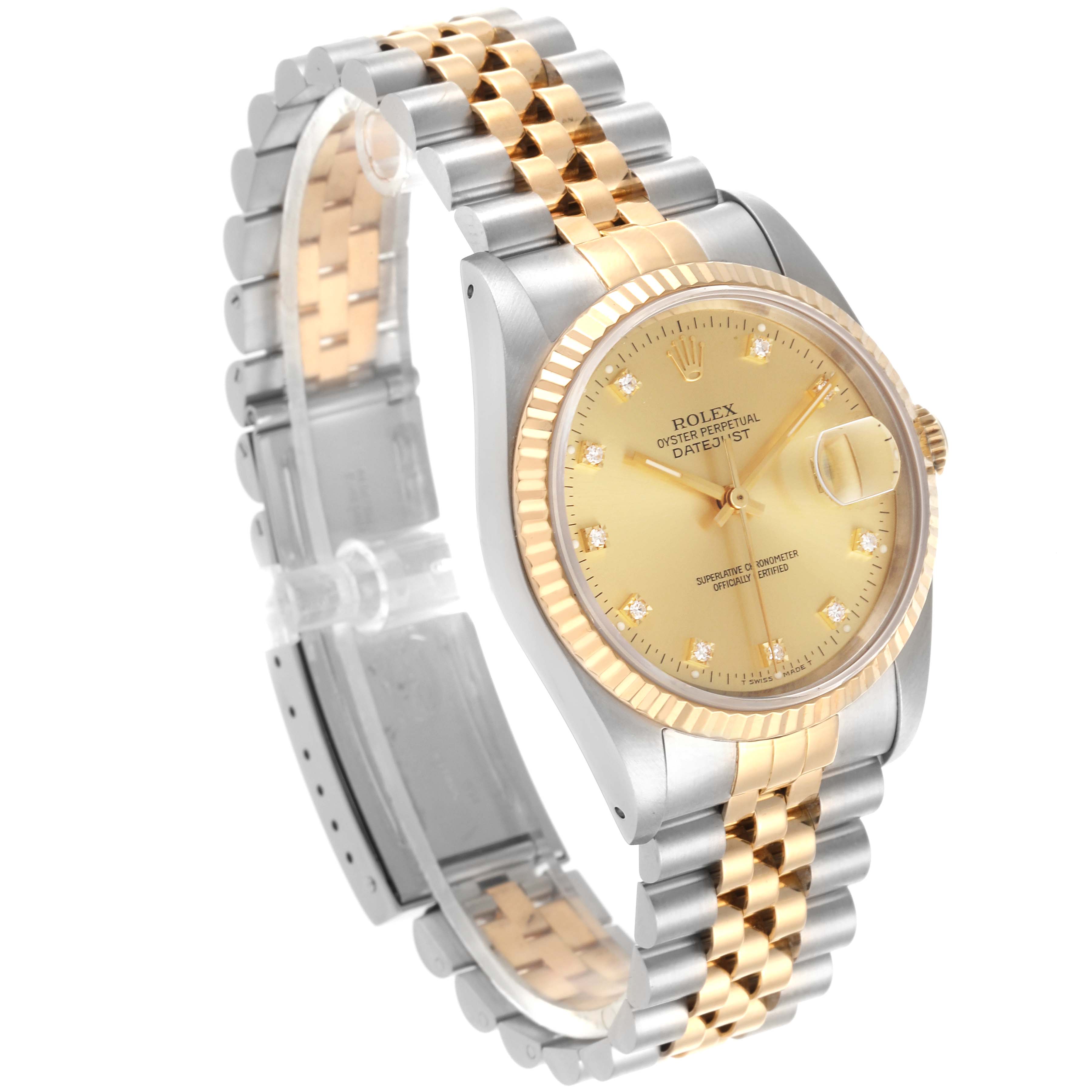 The Rolex Datejust 16233 Men
s Steel and Gold (two tone) Champagne Dial 16233 Men
s Steel and Gold (two tone) Champagne Dial watch is shown at a three-quarter angle, highlighting the case, bezel, dial, and bracelet.