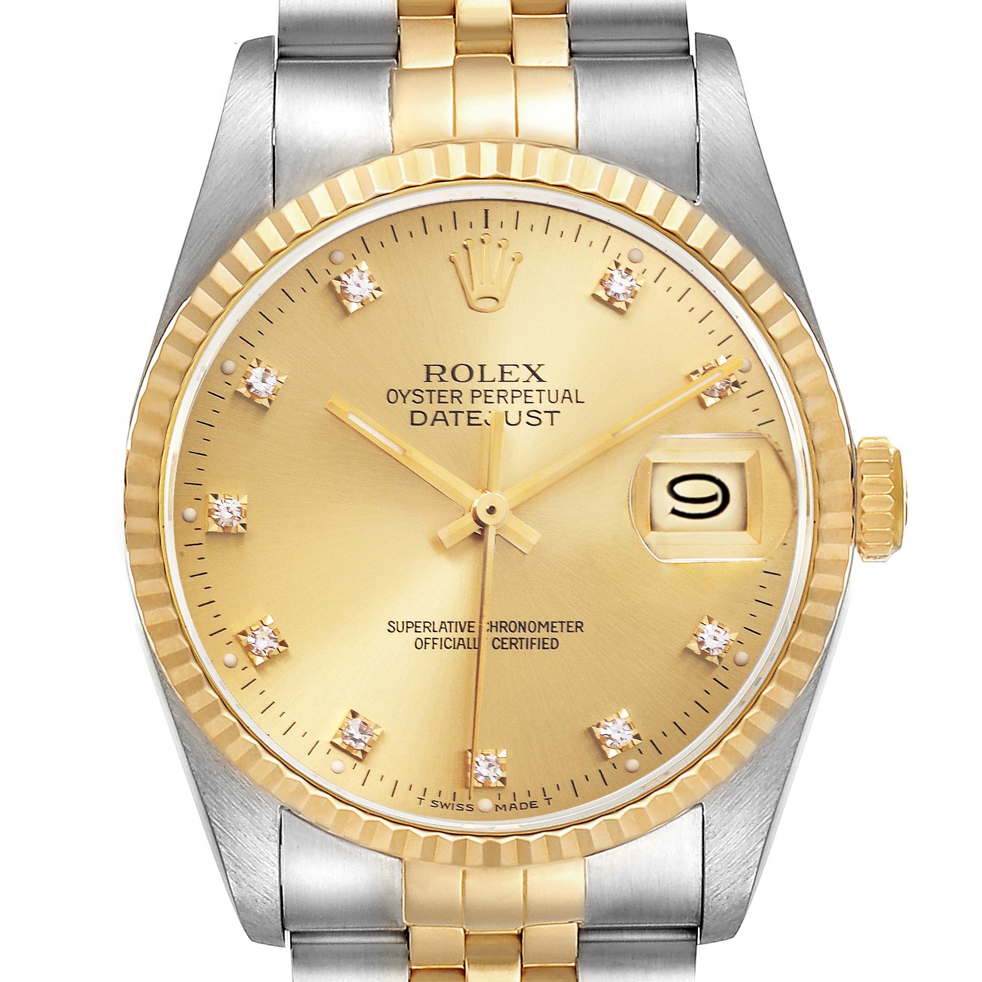 The image shows a front view of the Rolex Datejust 16233 Men
s Steel and Gold (two tone) Champagne Dial 16233 Men
s Steel and Gold (two tone) Champagne Dial highlighting the dial, bezel, crown, and part of the bracelet.
