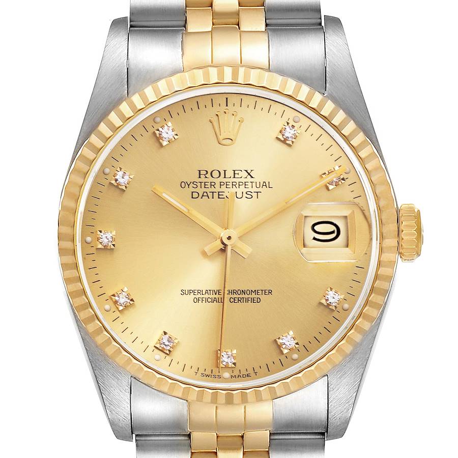 The image shows a front view of the Rolex Datejust highlighting the dial, bezel, crown, and part of the bracelet.