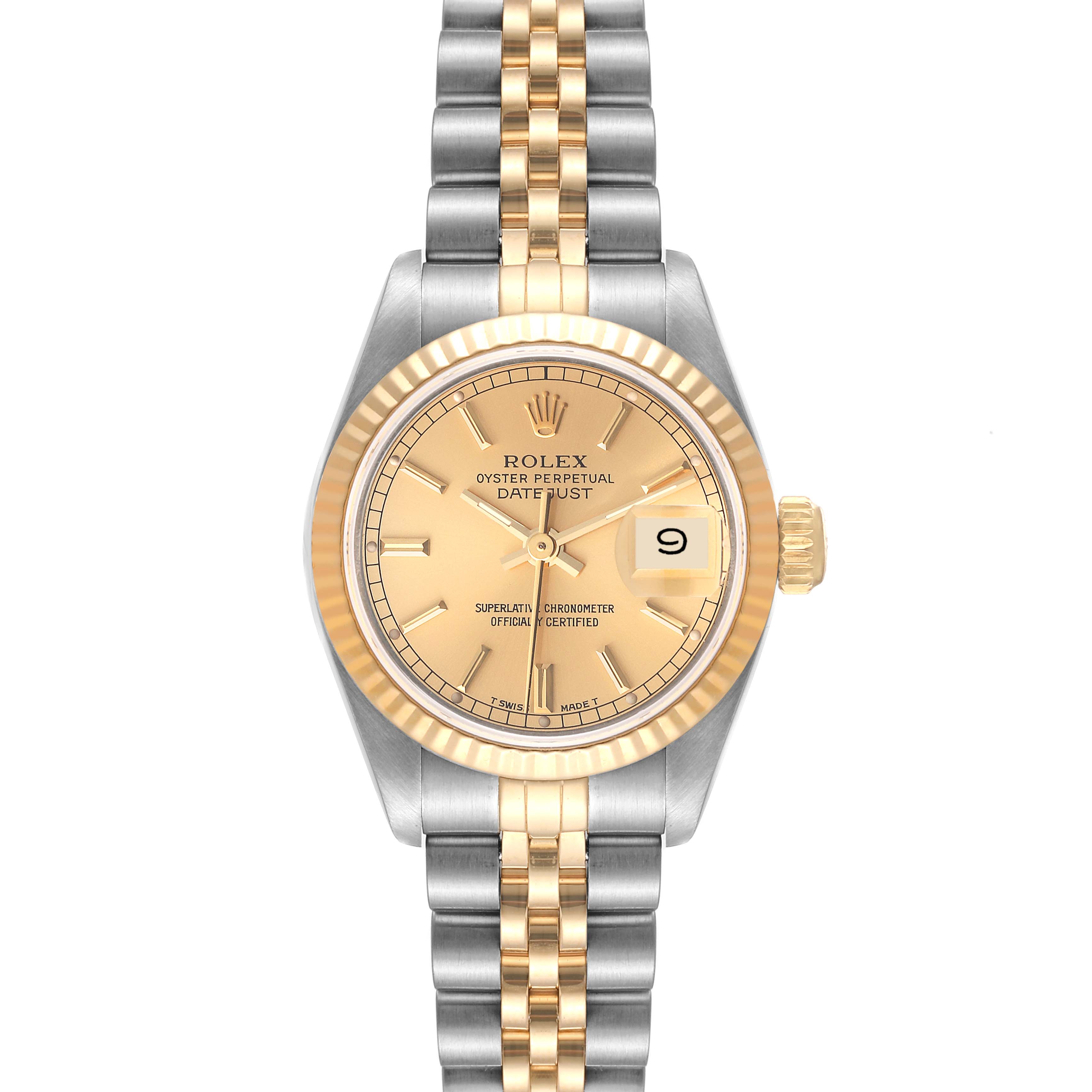 The image shows a Rolex Datejust 69173 Women's Steel and Gold (two tone) Champagne Dial 69173 Women's Steel and Gold (two tone) Champagne Dial watch from a front angle, displaying its dial, case, bezel, and bracelet.
