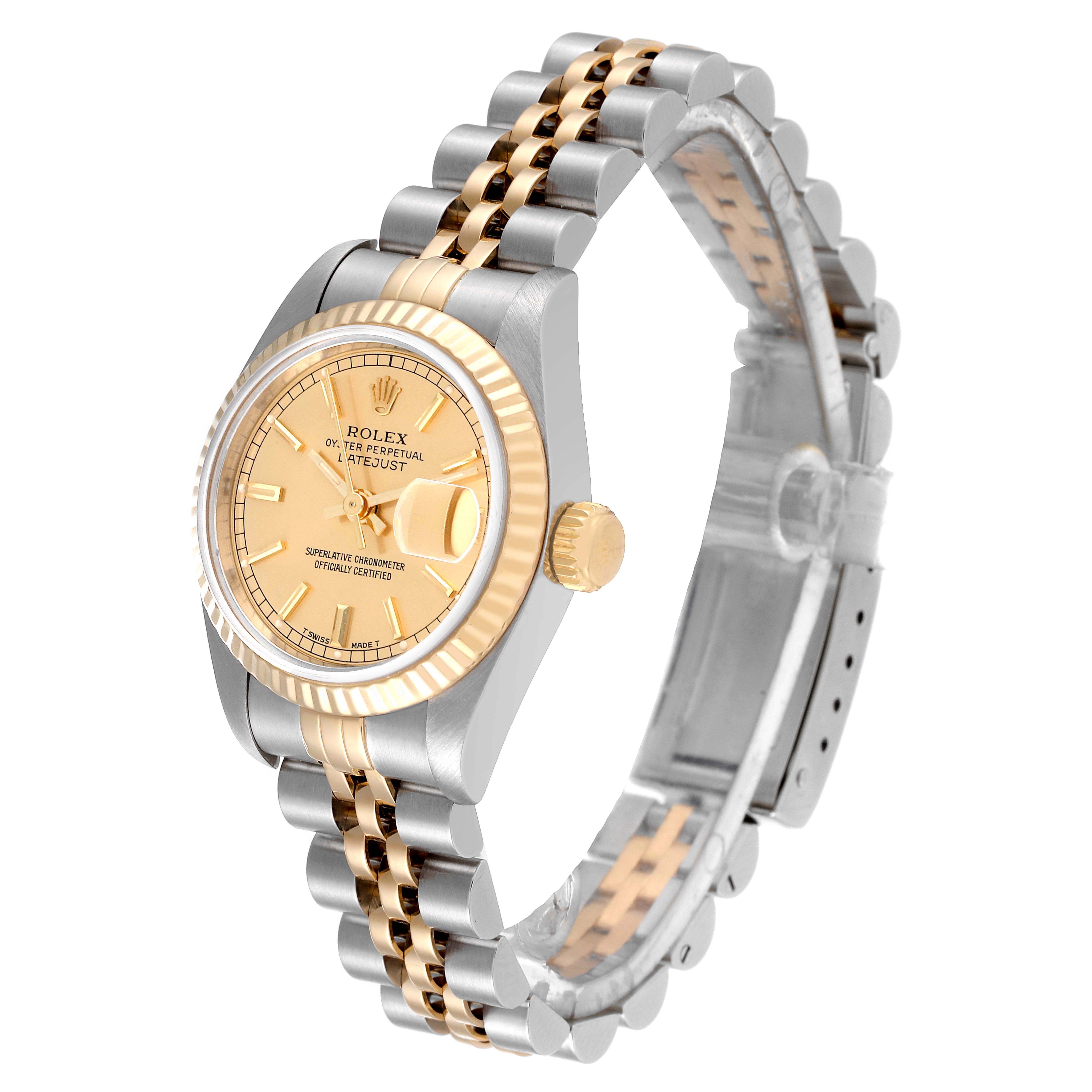 The Rolex Datejust 69173 Women's Steel and Gold (two tone) Champagne Dial 69173 Women's Steel and Gold (two tone) Champagne Dial watch is displayed at a three-quarter angle, showing the face, crown, and bracelet.
