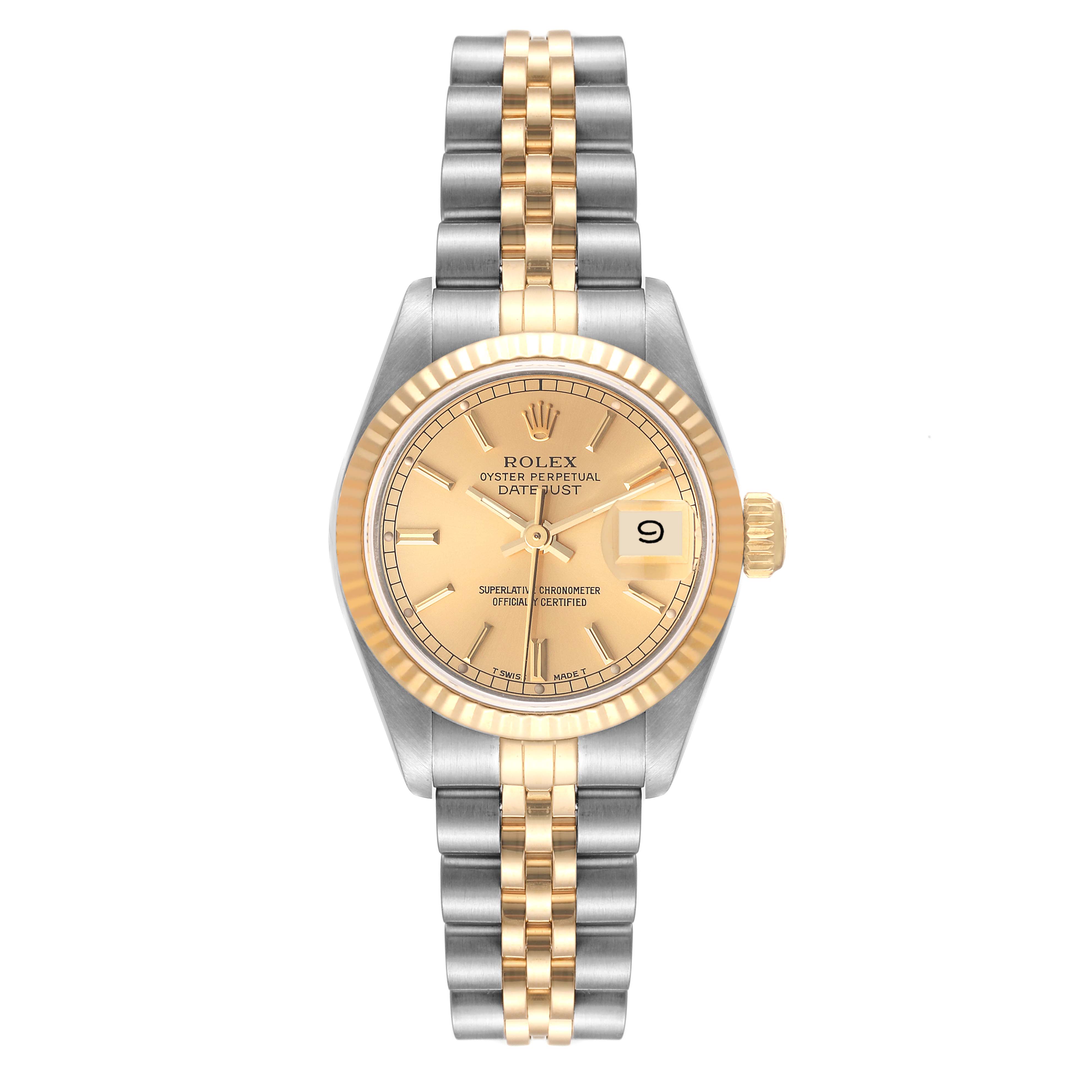 This image shows a front view of the Rolex Datejust 69173 Women's Steel and Gold (two tone) Champagne Dial 69173 Women's Steel and Gold (two tone) Champagne Dial watch, highlighting its dial, bezel, and two-tone bracelet.
