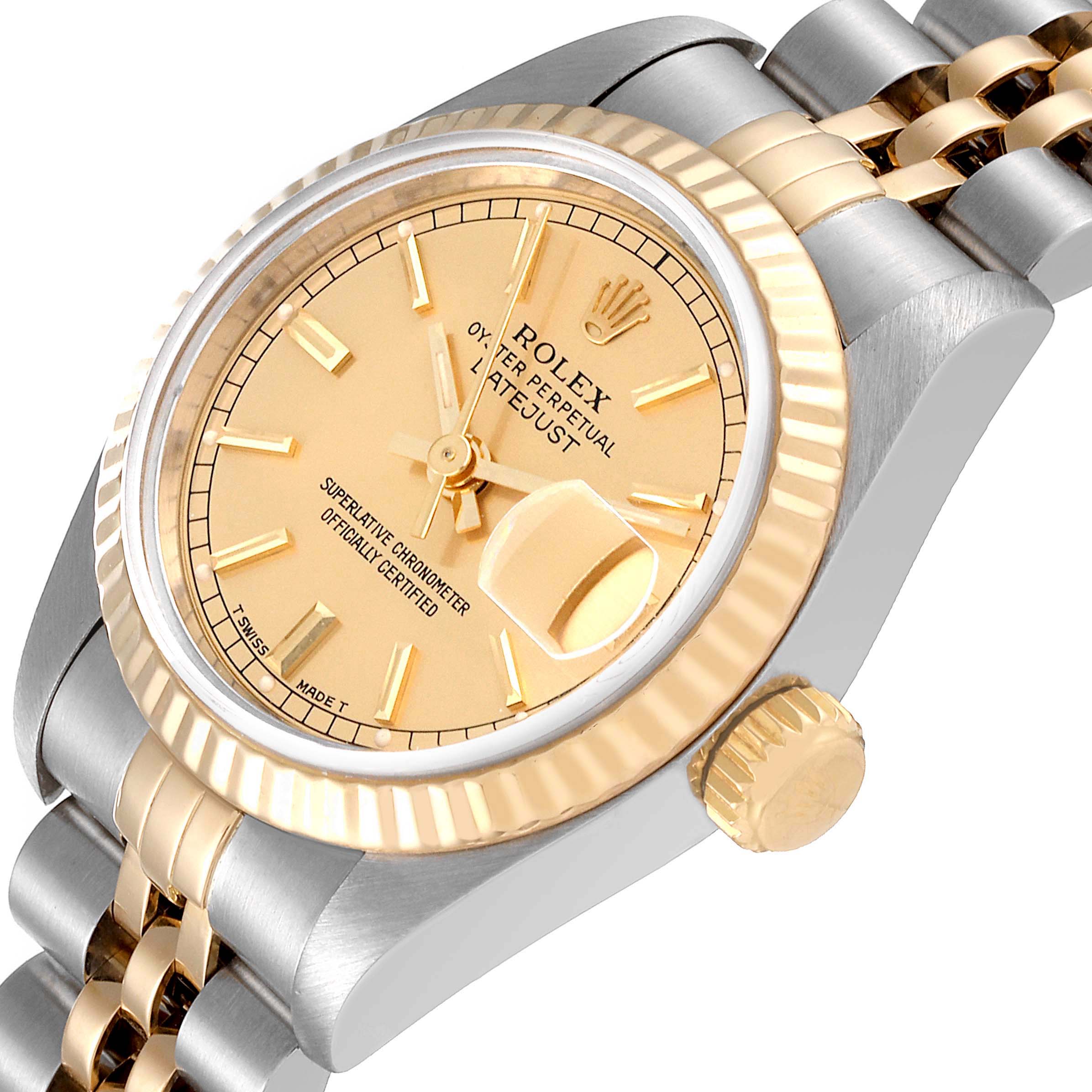 This image shows a close-up angled view of a Rolex Datejust 69173 Women's Steel and Gold (two tone) Champagne Dial 69173 Women's Steel and Gold (two tone) Champagne Dial watch, highlighting the dial, bezel, crown, and part of the bracelet.