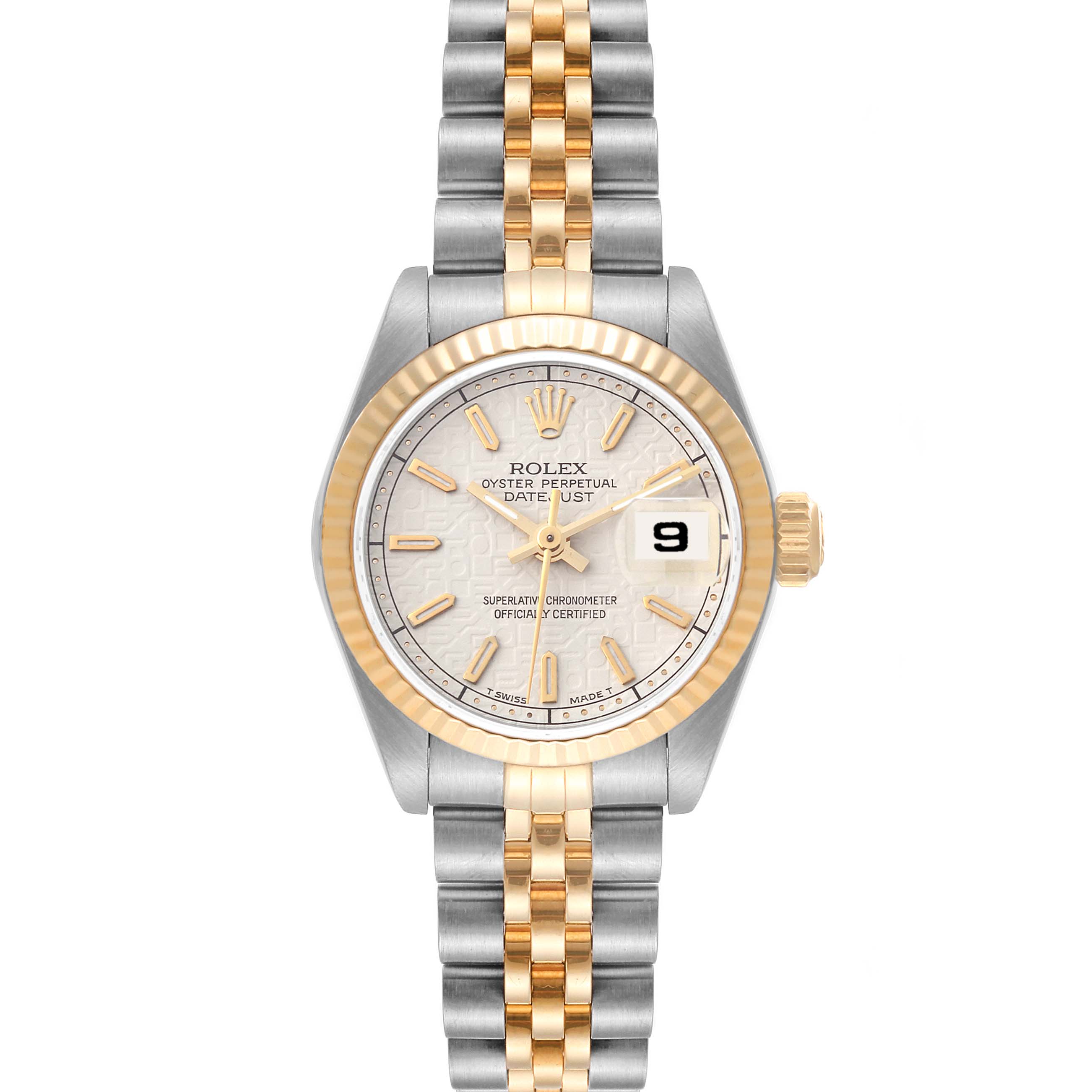 The image shows a frontal view of a Datejust model by Rolex, featuring its dial, bracelet, and date window.