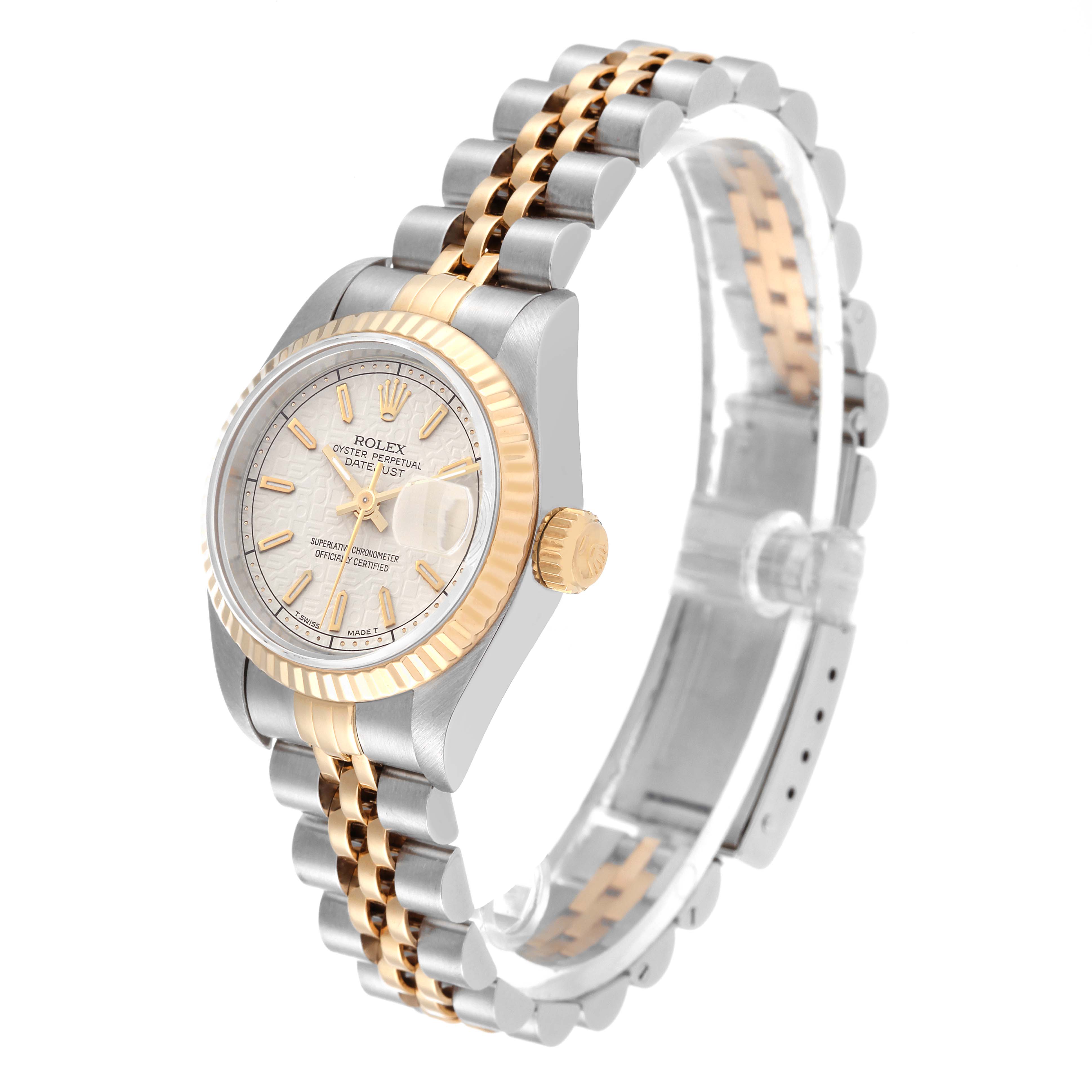 The Rolex Datejust 69173 Women's Steel and Gold (two tone) Beige Dial 69173 Women's Steel and Gold (two tone) Beige Dial watch is shown from an angled side view, displaying its face, bezel, crown, and two-tone bracelet.