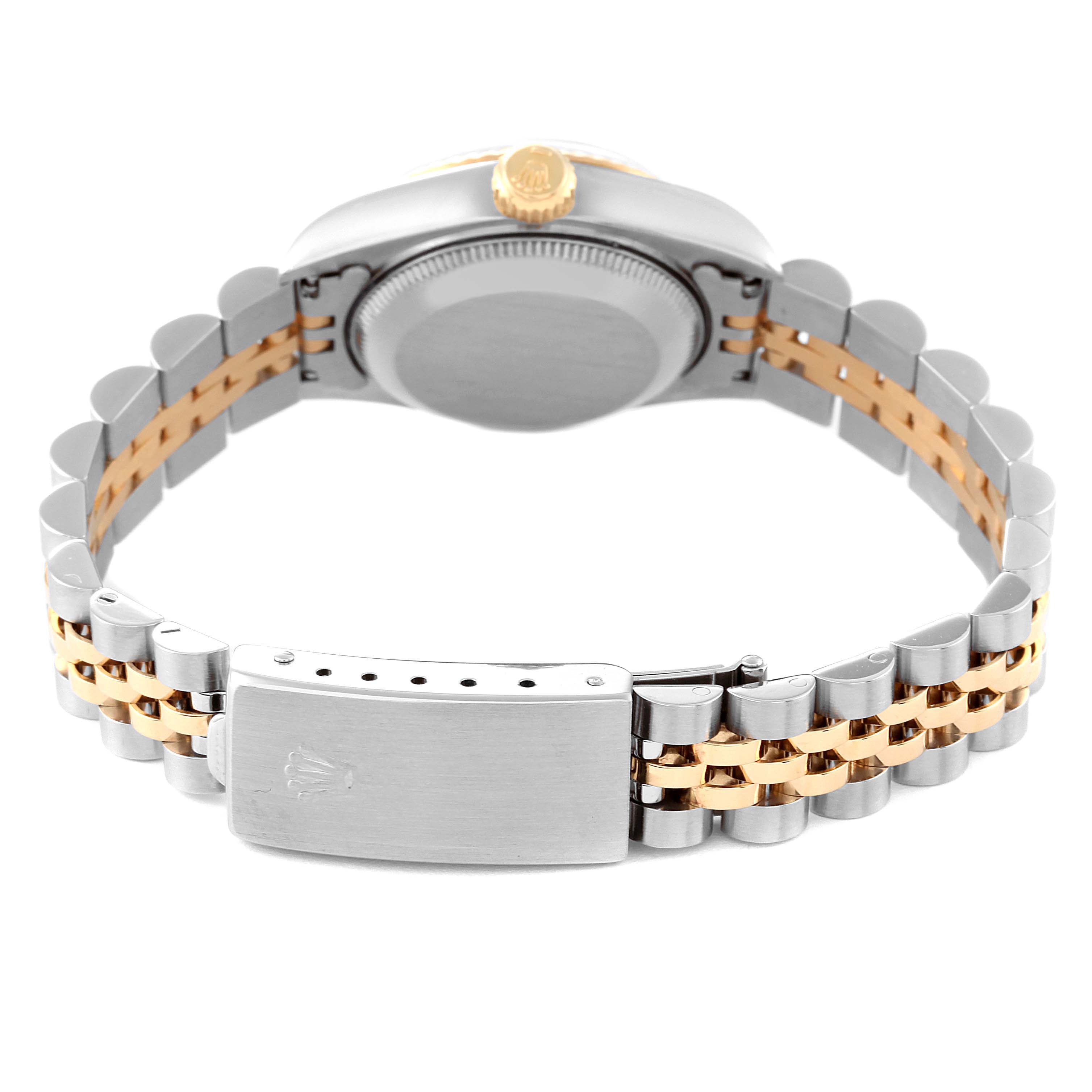 This image shows the back of a Rolex Datejust 69173 Women's Steel and Gold (two tone) Beige Dial 69173 Women's Steel and Gold (two tone) Beige Dial watch, highlighting its two-tone bracelet and clasp.