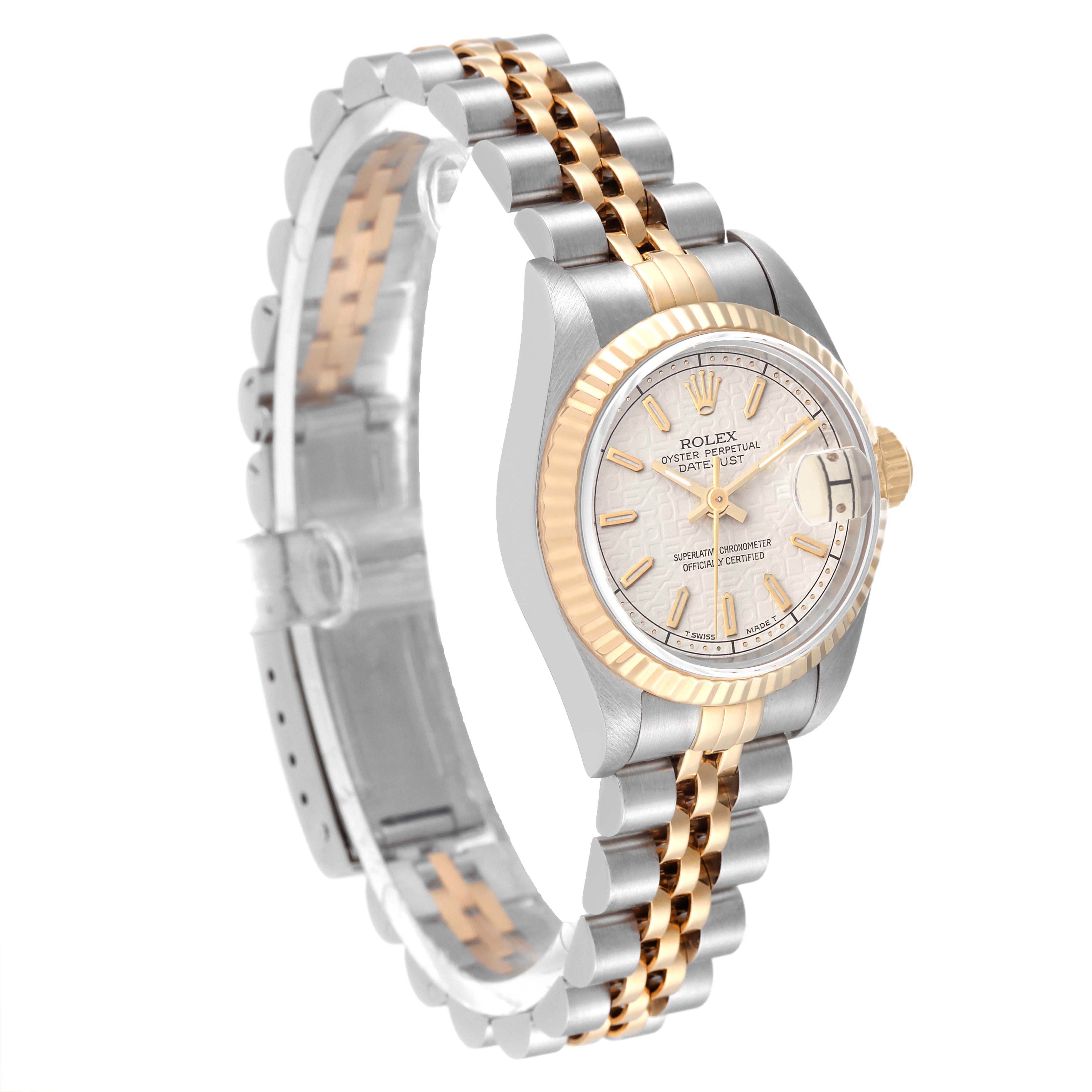 The image displays a Rolex Datejust 69173 Women's Steel and Gold (two tone) Beige Dial 69173 Women's Steel and Gold (two tone) Beige Dial watch from a side angle, showcasing its silver and gold bracelet and the face with date indicator.
