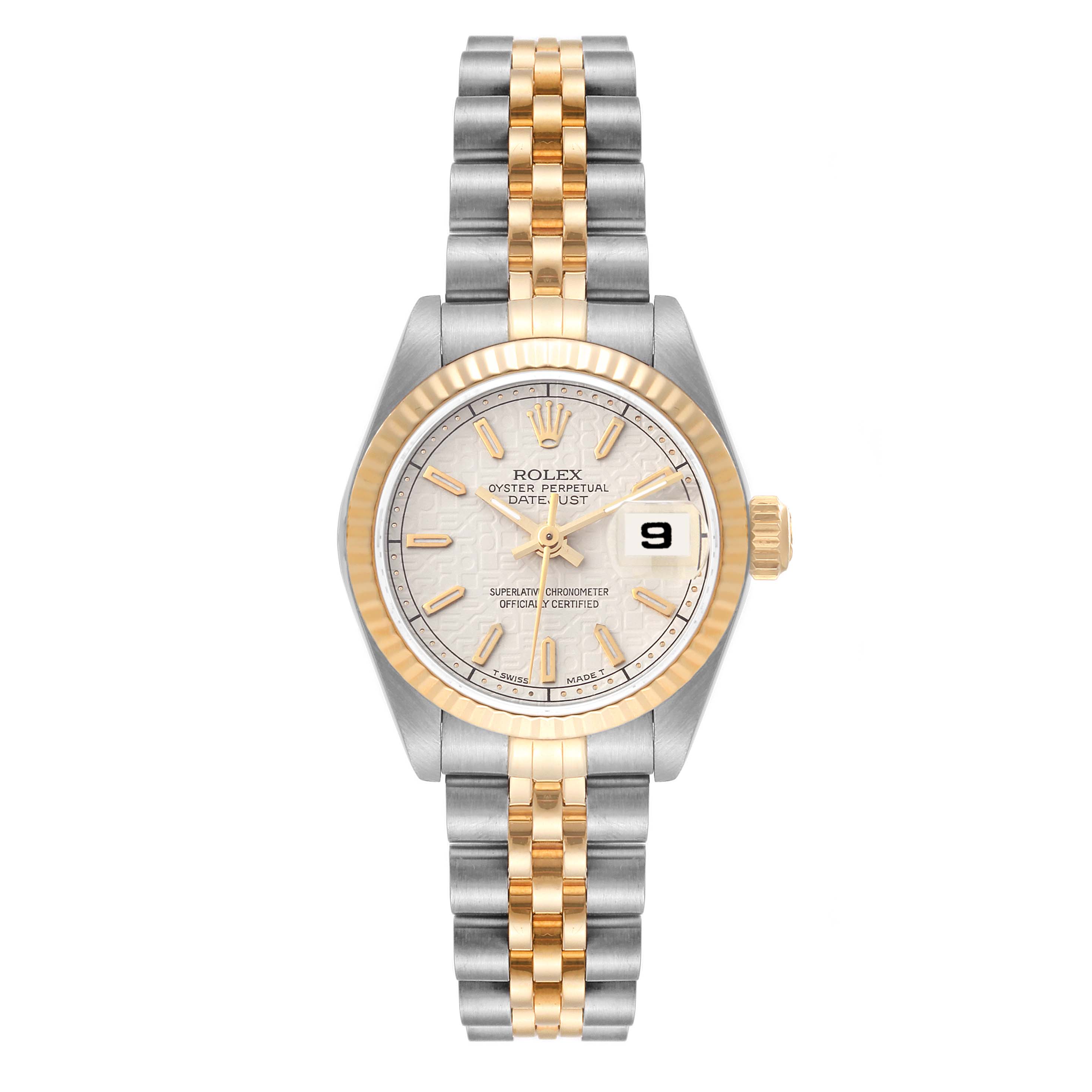 This image shows a front view of the Rolex Datejust 69173 Women's Steel and Gold (two tone) Beige Dial 69173 Women's Steel and Gold (two tone) Beige Dial watch, featuring its dial, bezel, and two-tone bracelet.