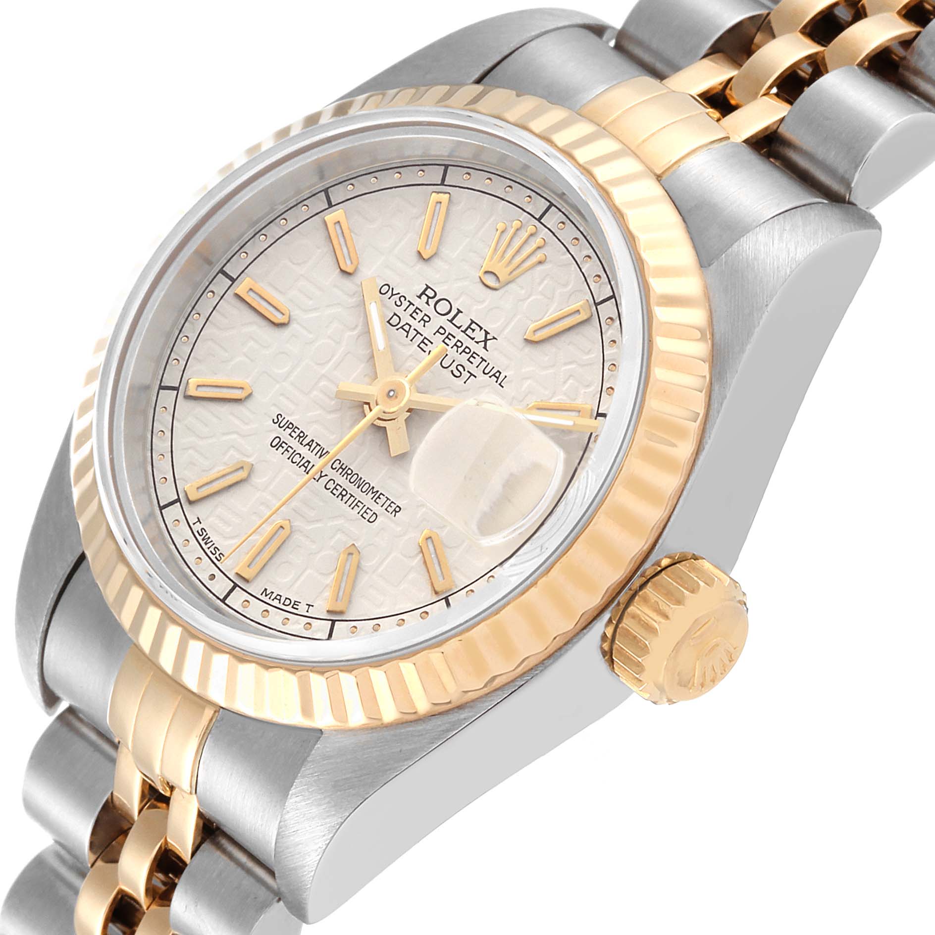 This image shows a Rolex Datejust 69173 Women's Steel and Gold (two tone) Beige Dial 69173 Women's Steel and Gold (two tone) Beige Dial watch at a slightly tilted angle, highlighting the dial, bezel, crown, and part of the bracelet.