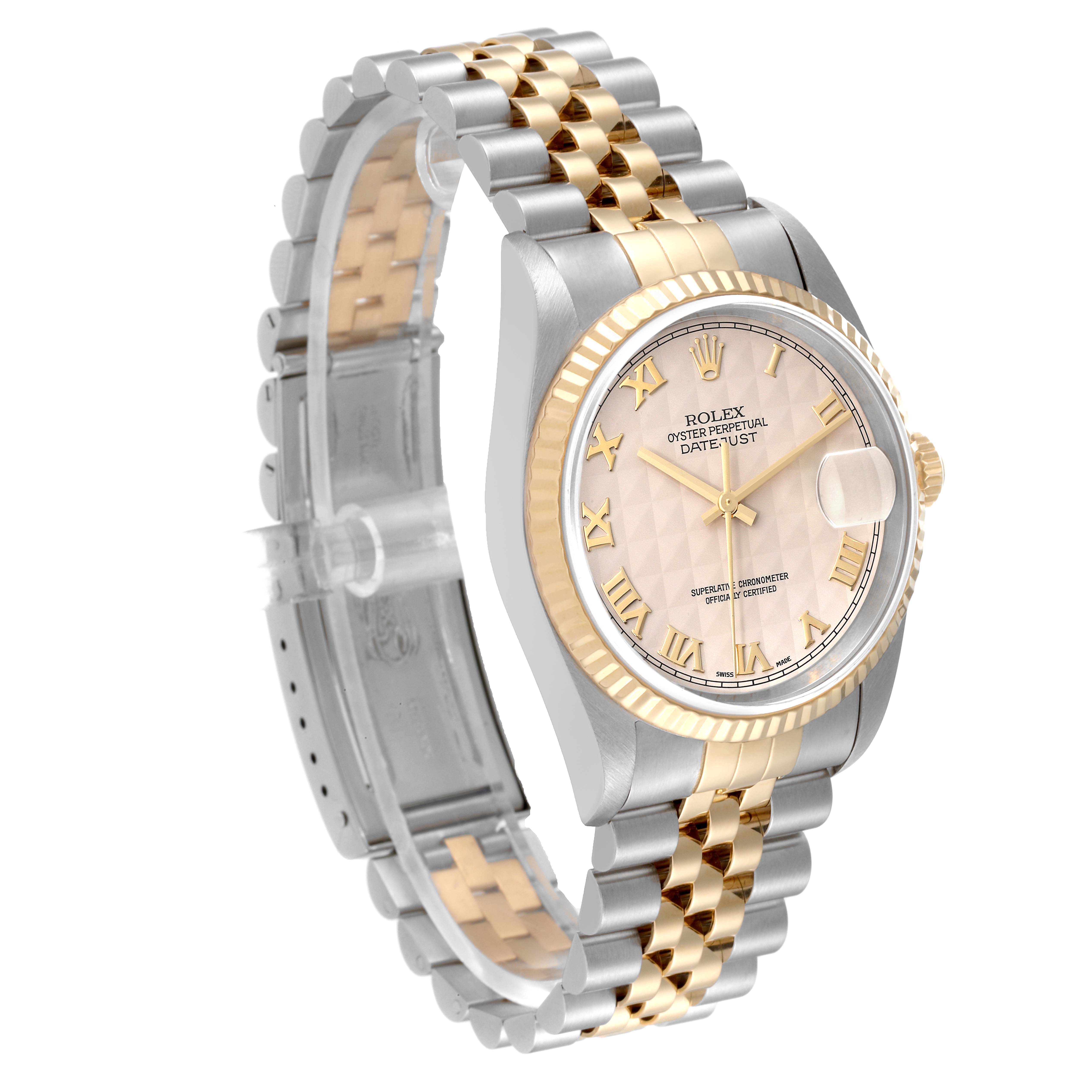 The image shows a Rolex Datejust 16233 Men's Steel and Gold (two tone) Beige Dial 16233 Men's Steel and Gold (two tone) Beige Dial watch angled to display its face, bezel, crown, and two-tone bracelet.