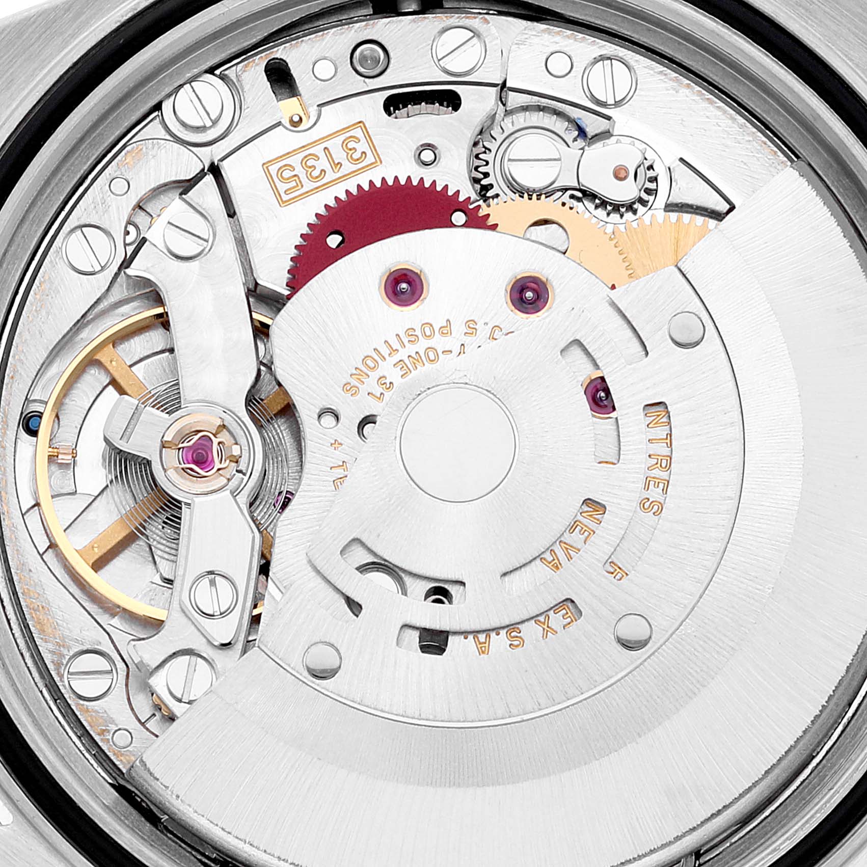 This image shows the intricate internal mechanism of a Rolex Datejust 16233 Men's Steel and Gold (two tone) Beige Dial 16233 Men's Steel and Gold (two tone) Beige Dial watch, focusing on the movement and gears.