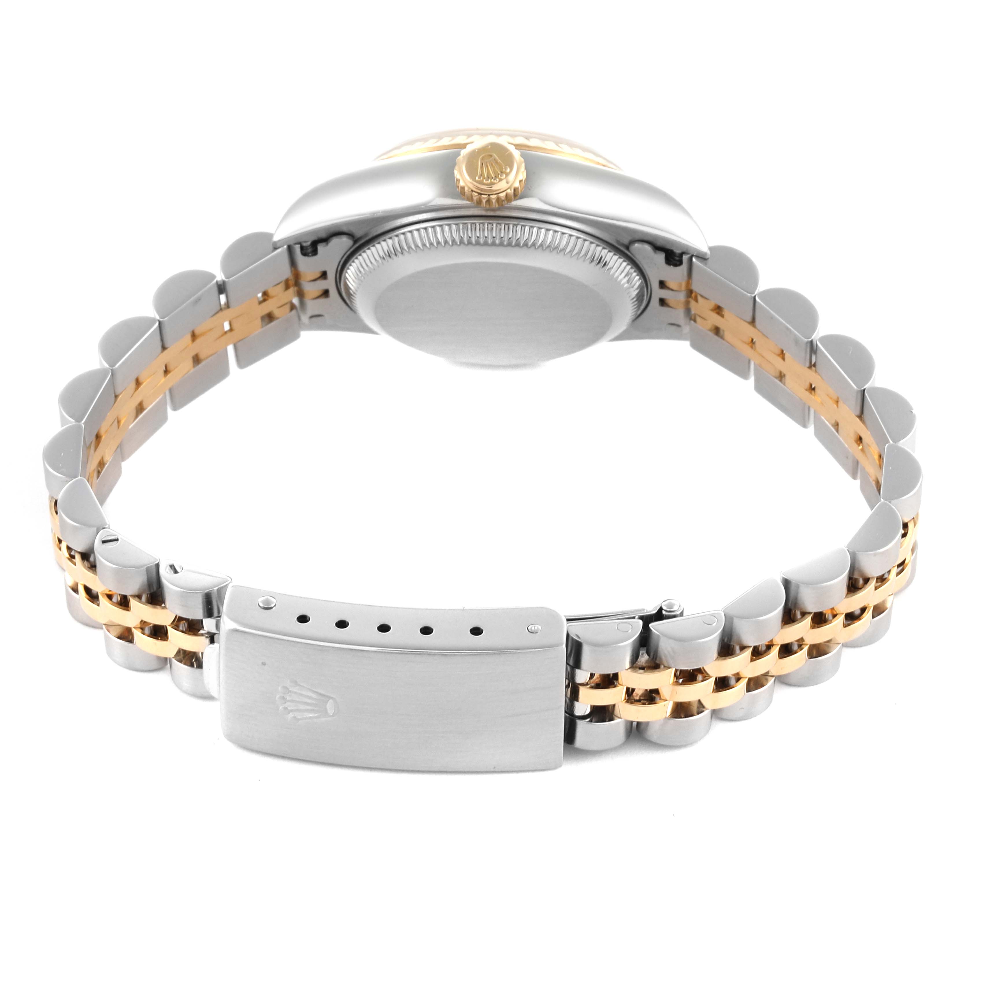 The image shows a Rolex Datejust 79173 Women's Steel and Gold (two tone) Grey Dial 79173 Women's Steel and Gold (two tone) Grey Dial watch from the back, highlighting its bicolor bracelet and clasp.
