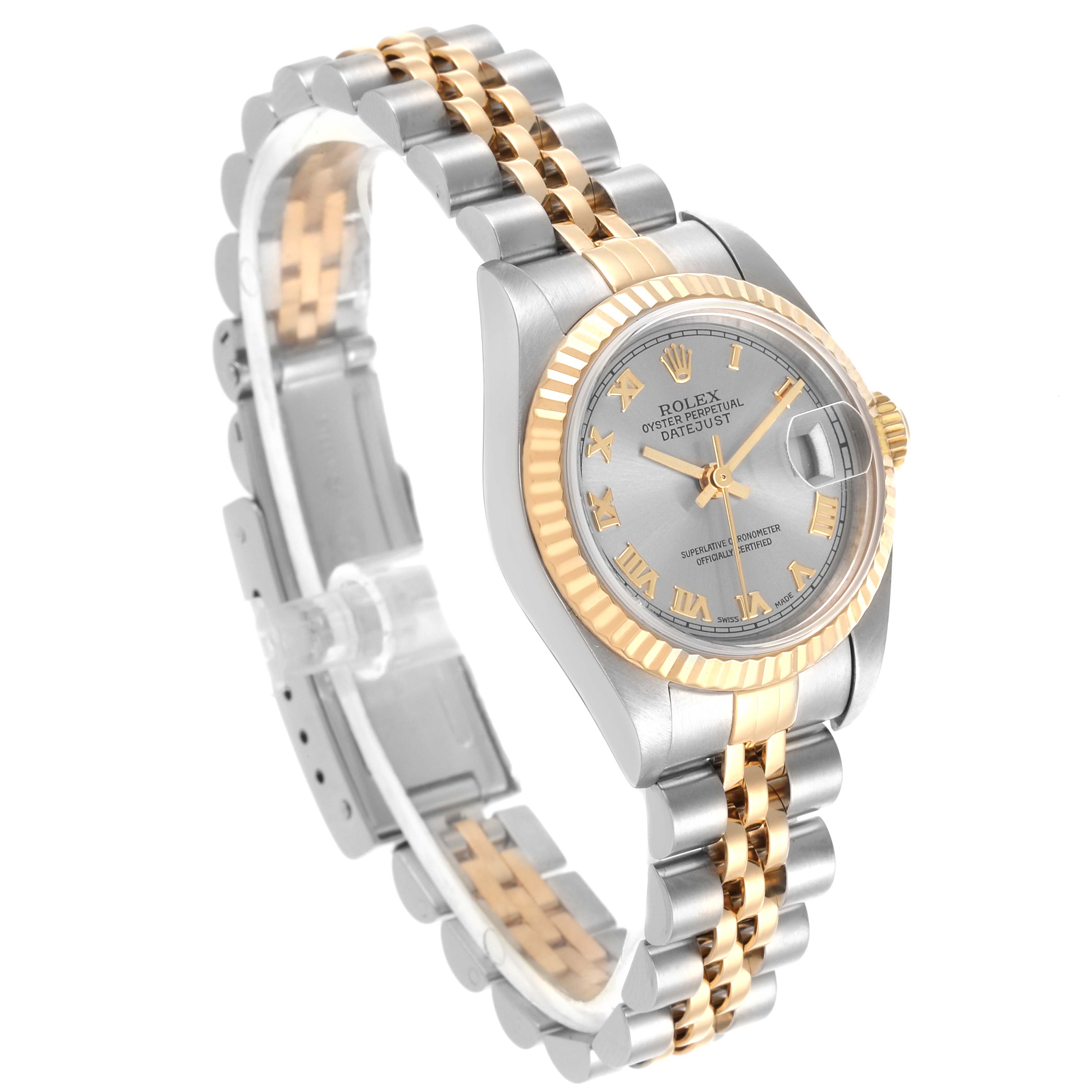 The Rolex Datejust 79173 Women's Steel and Gold (two tone) Grey Dial 79173 Women's Steel and Gold (two tone) Grey Dial watch is shown at an angled view, highlighting the silver dial, gold bezel, and two-tone Jubilee bracelet.