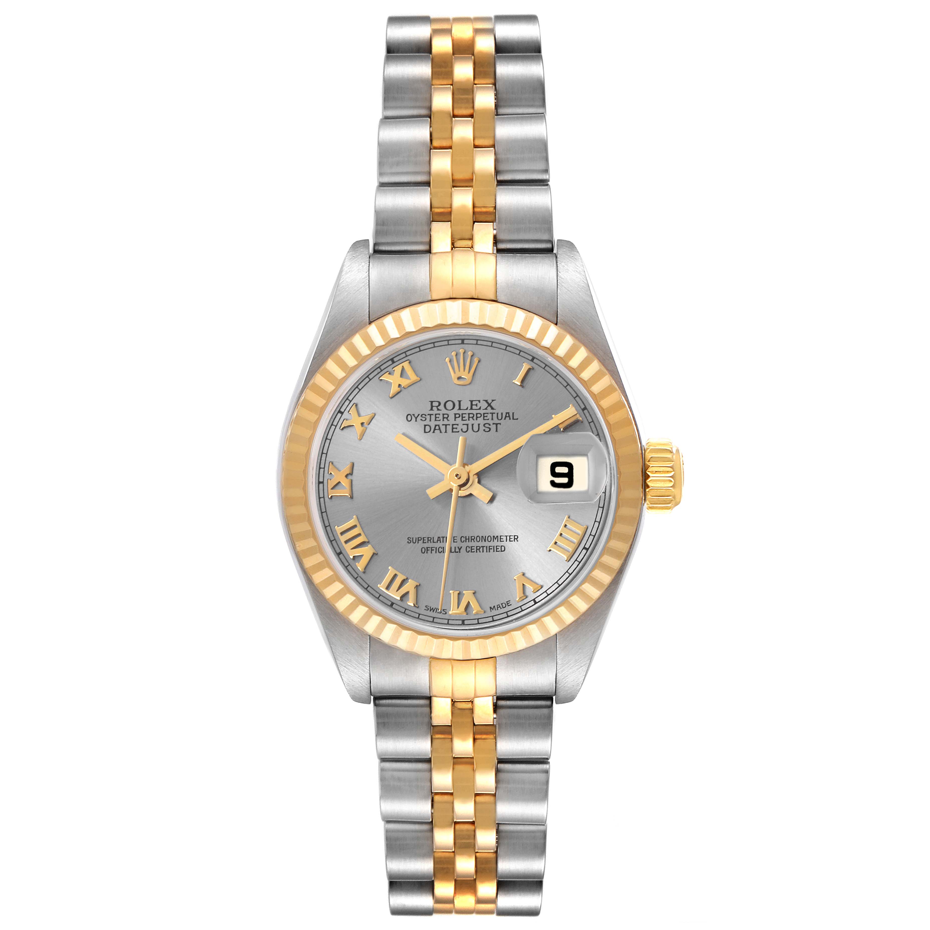 The Rolex Datejust 79173 Women's Steel and Gold (two tone) Grey Dial 79173 Women's Steel and Gold (two tone) Grey Dial watch is shown from the front, displaying its face, bezel, and two-tone bracelet.