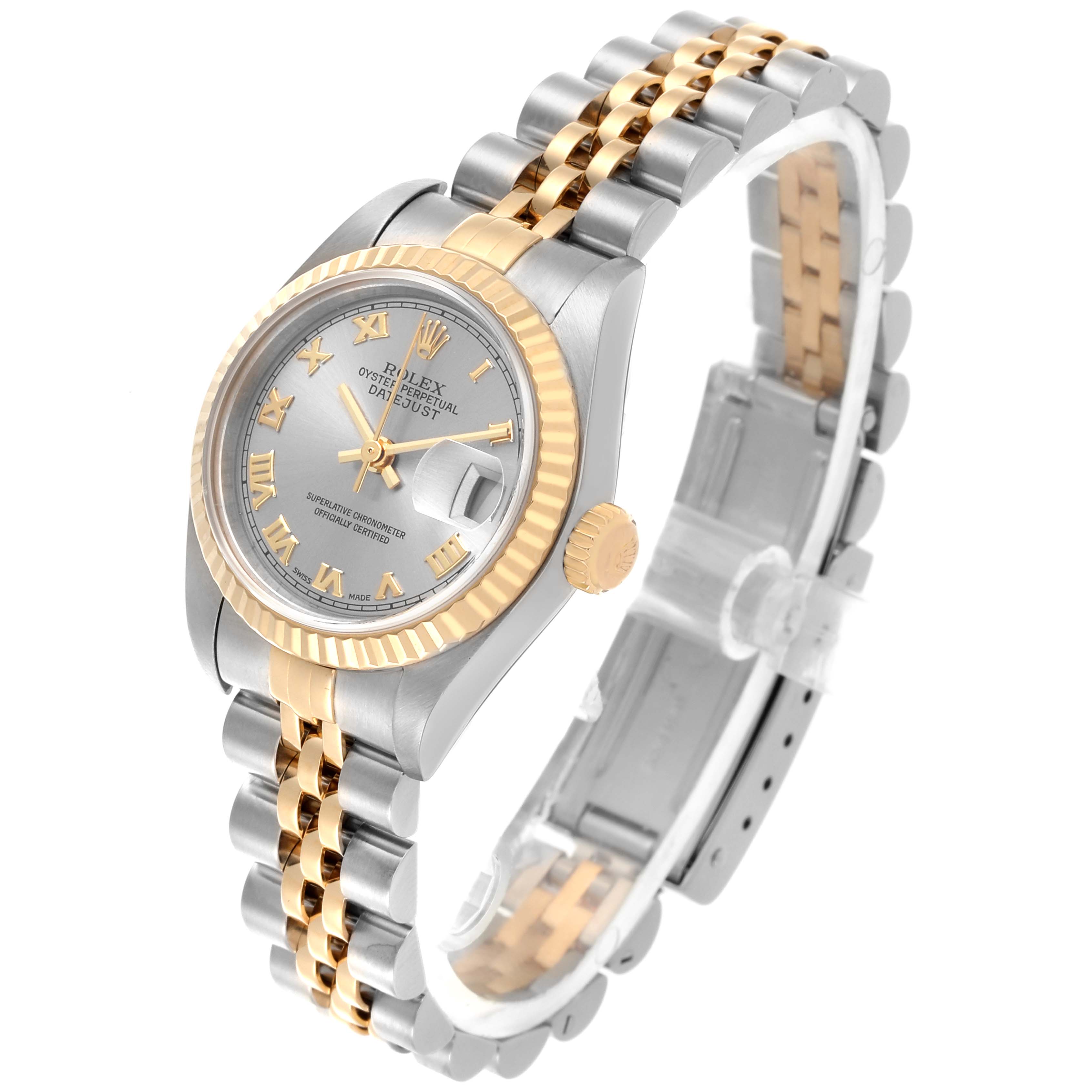 The Rolex Datejust 79173 Women's Steel and Gold (two tone) Grey Dial 79173 Women's Steel and Gold (two tone) Grey Dial watch is shown at a three-quarter angle, highlighting the bezel, dial, and Jubilee bracelet.
