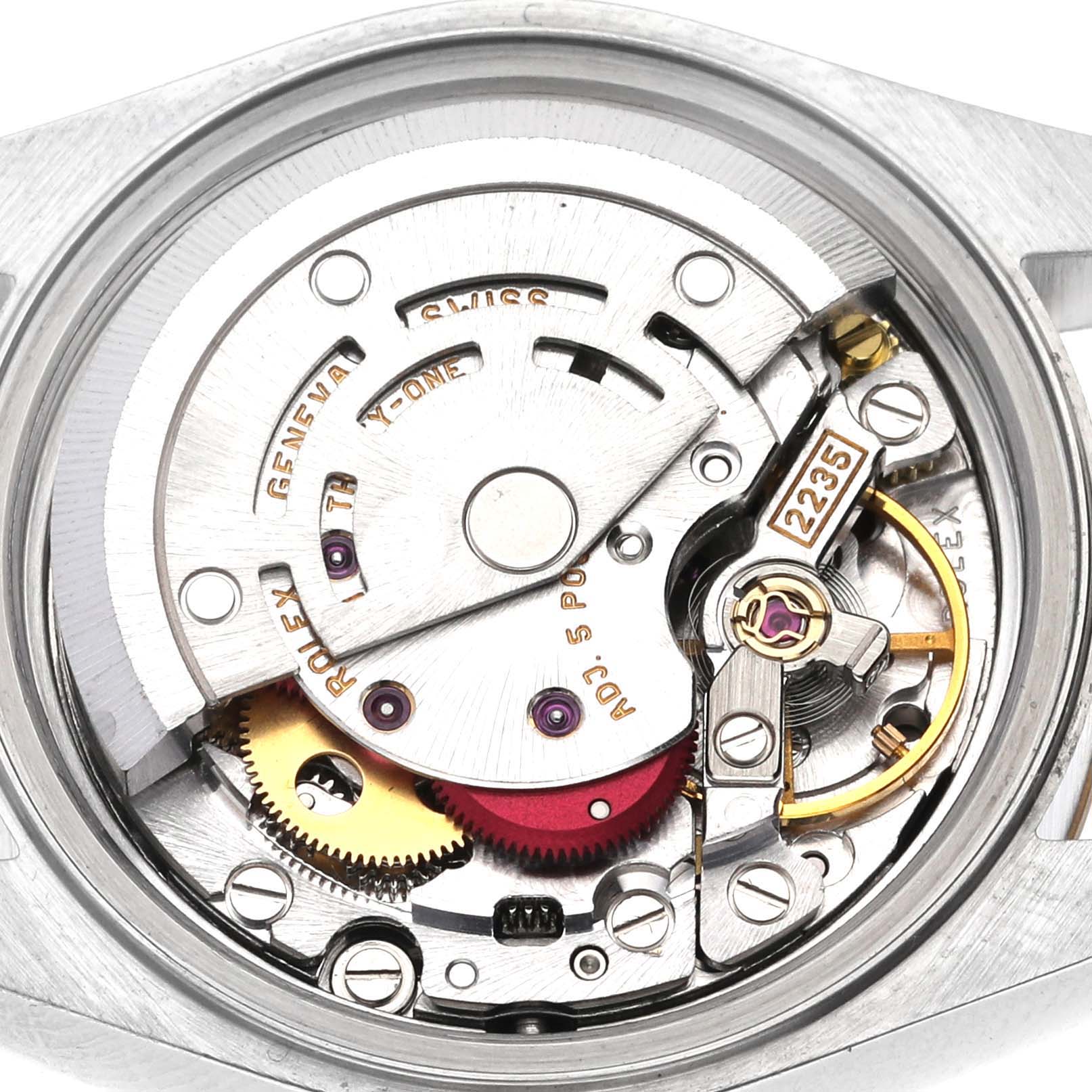 The image shows the movement mechanism of a Rolex Datejust 79173 Women's Steel and Gold (two tone) Grey Dial 79173 Women's Steel and Gold (two tone) Grey Dial watch from the back view, highlighting gears and components.