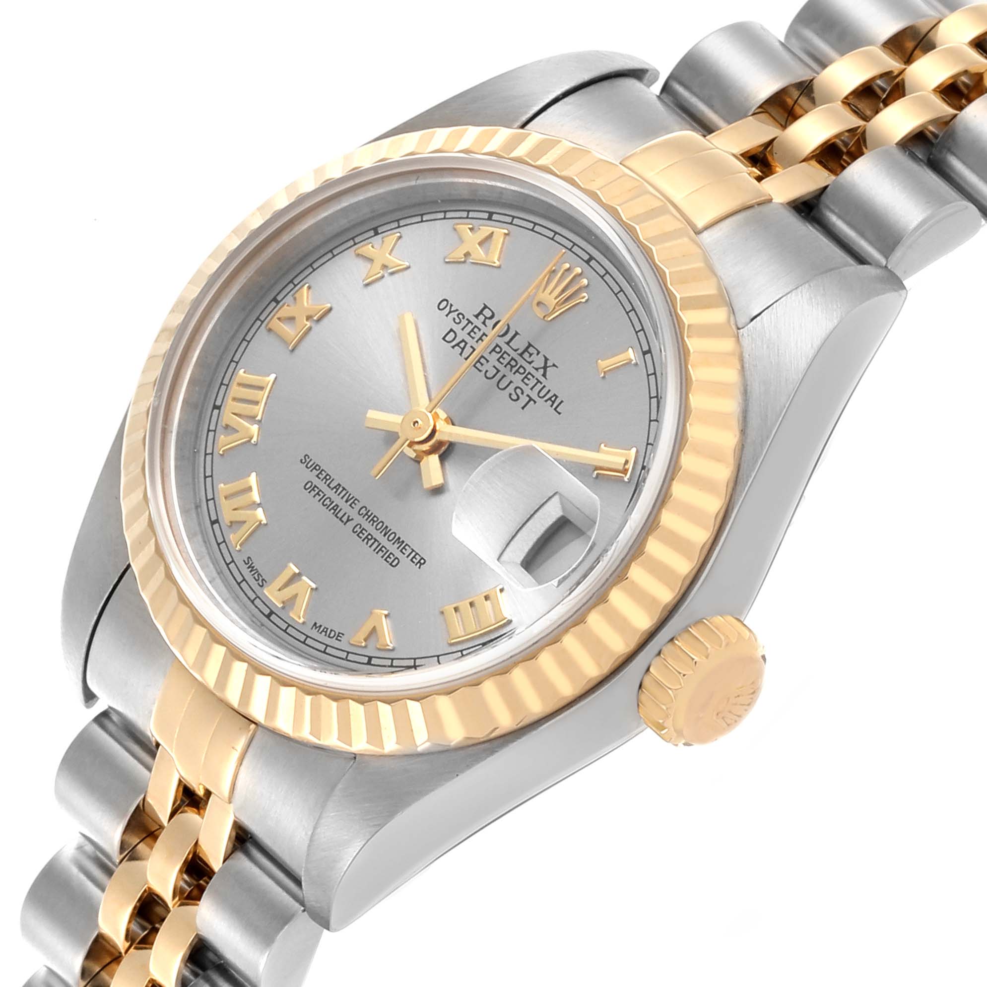 The Rolex Datejust 79173 Women's Steel and Gold (two tone) Grey Dial 79173 Women's Steel and Gold (two tone) Grey Dial watch is shown at an angle highlighting the dial, bezel, crown, and part of the bracelet.